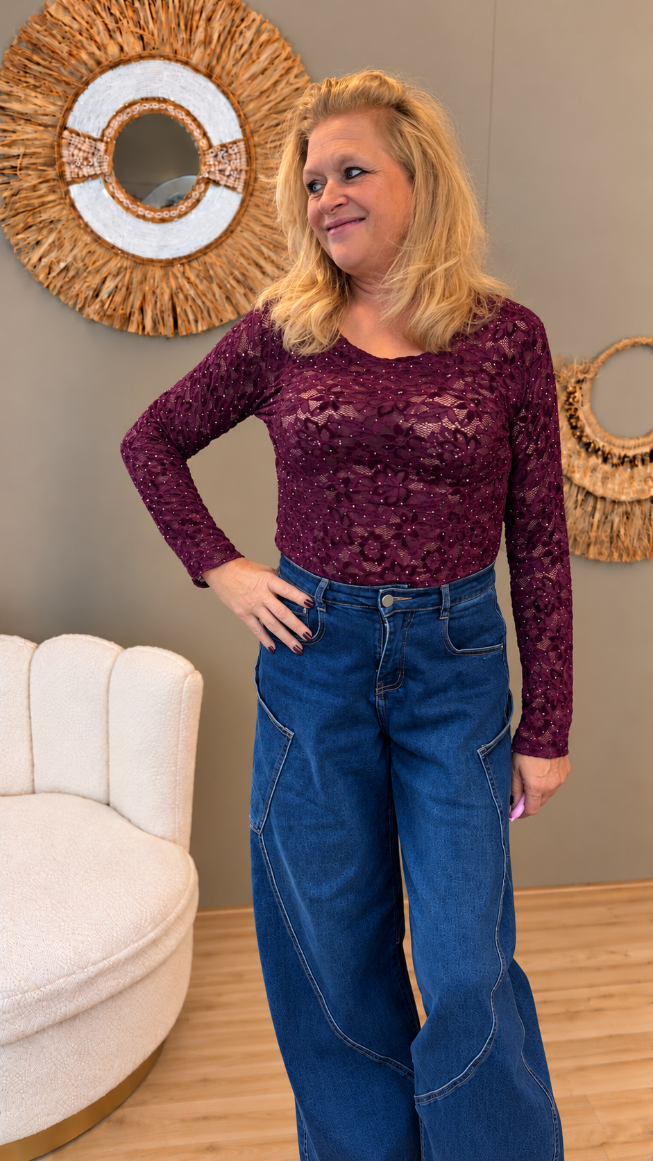 Kanten Top Lacey met Strass Aubergine/Bordeaux