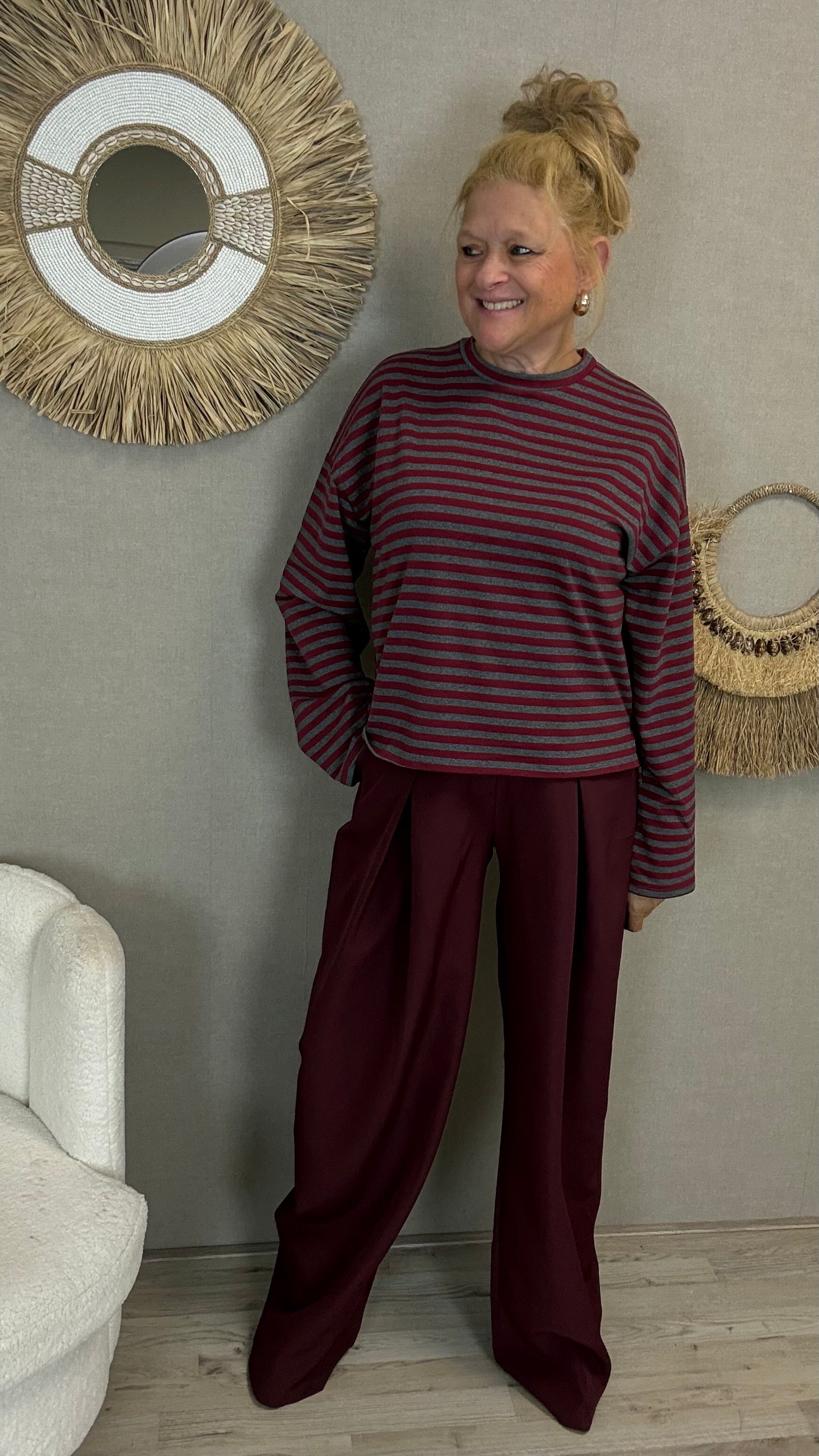 Gestreepte Longsleeve Bordeaux/Grijs
