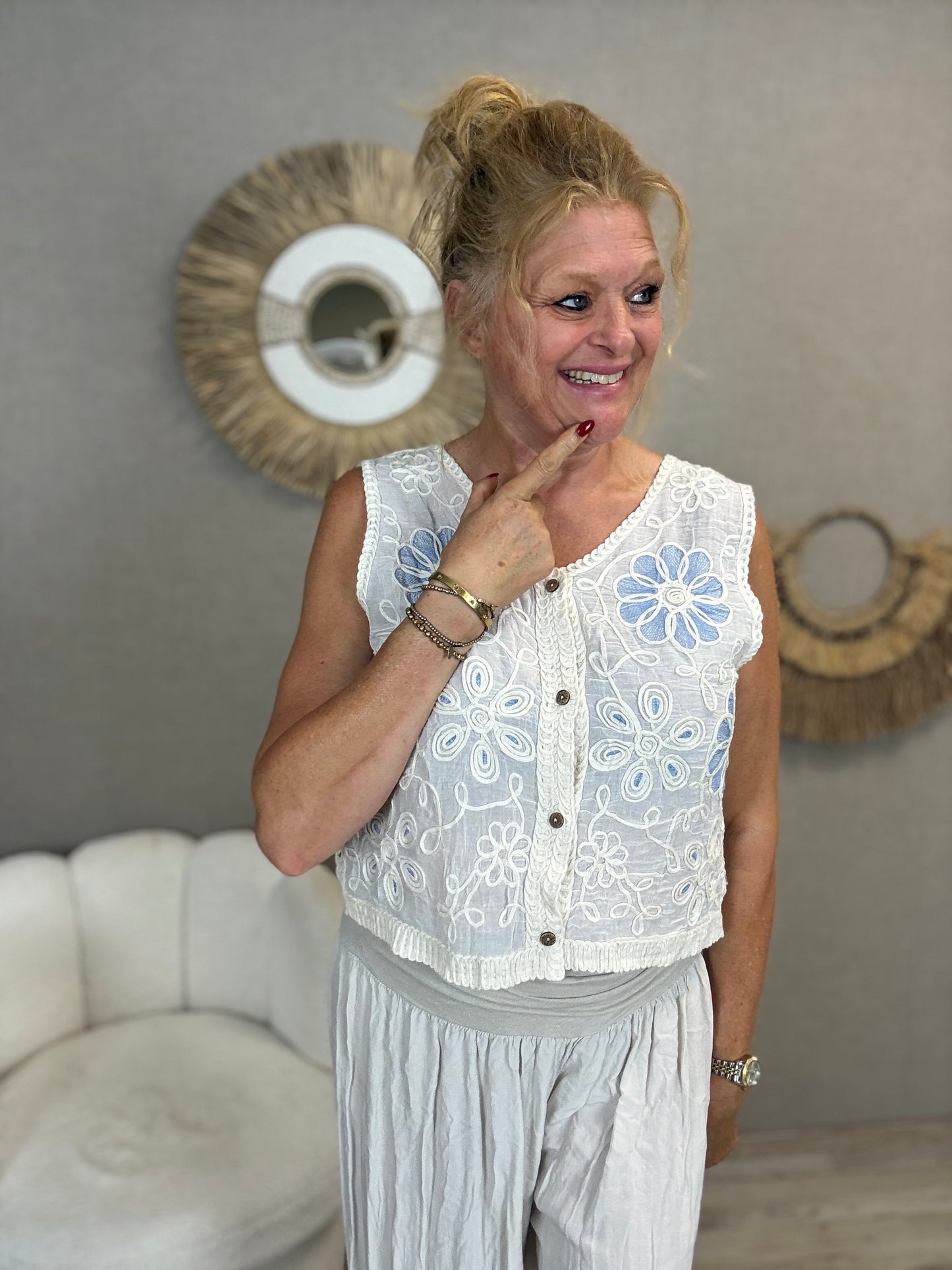 Boho Bloemen Gilet Wit-Blauw