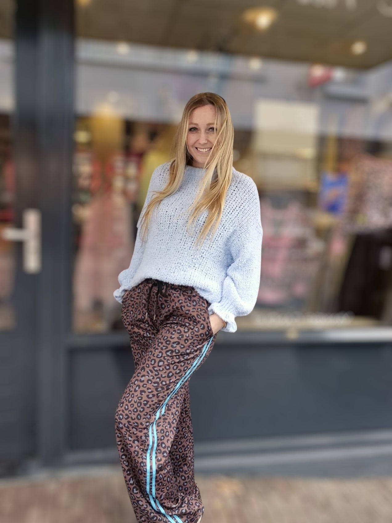 Leopard Pantalon met Tuqouise bies - Nancfashion