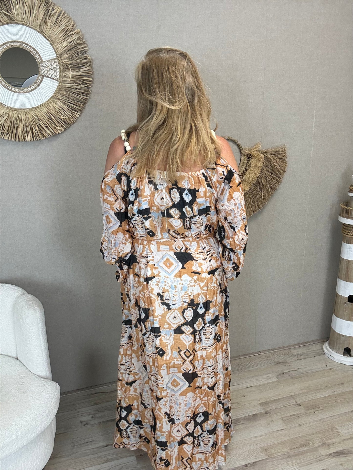 Maxi Jurk Boho Chic Camel Print - Nancfashion