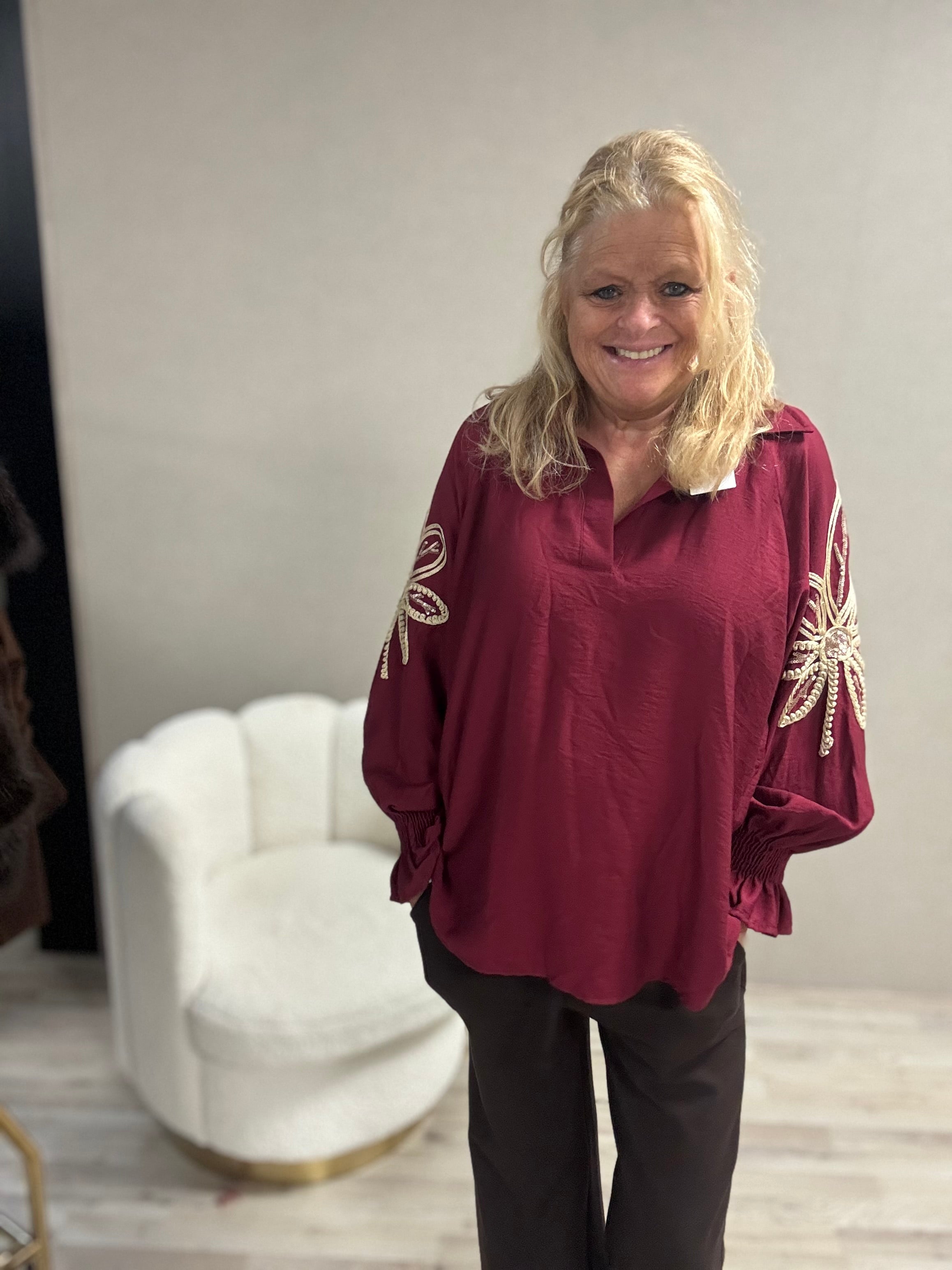 Top met mouwborduursel G. Ricceri Bordeaux