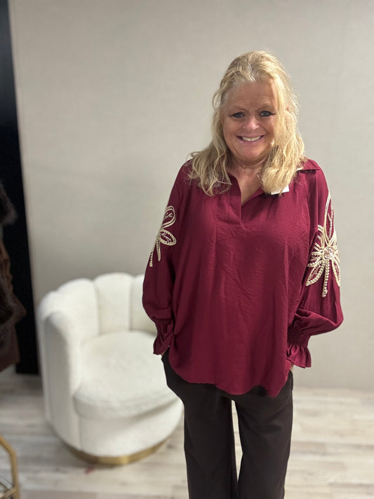 Top met mouwborduursel G. Ricceri Bordeaux