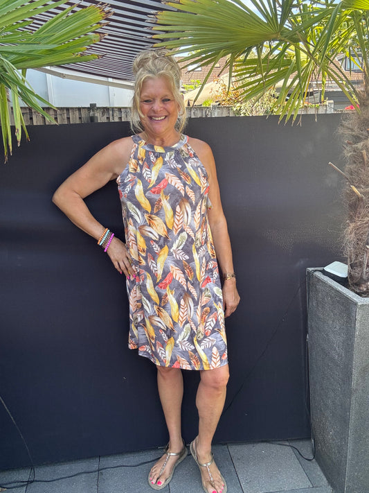Halter Jurk Geel Grijs Veren