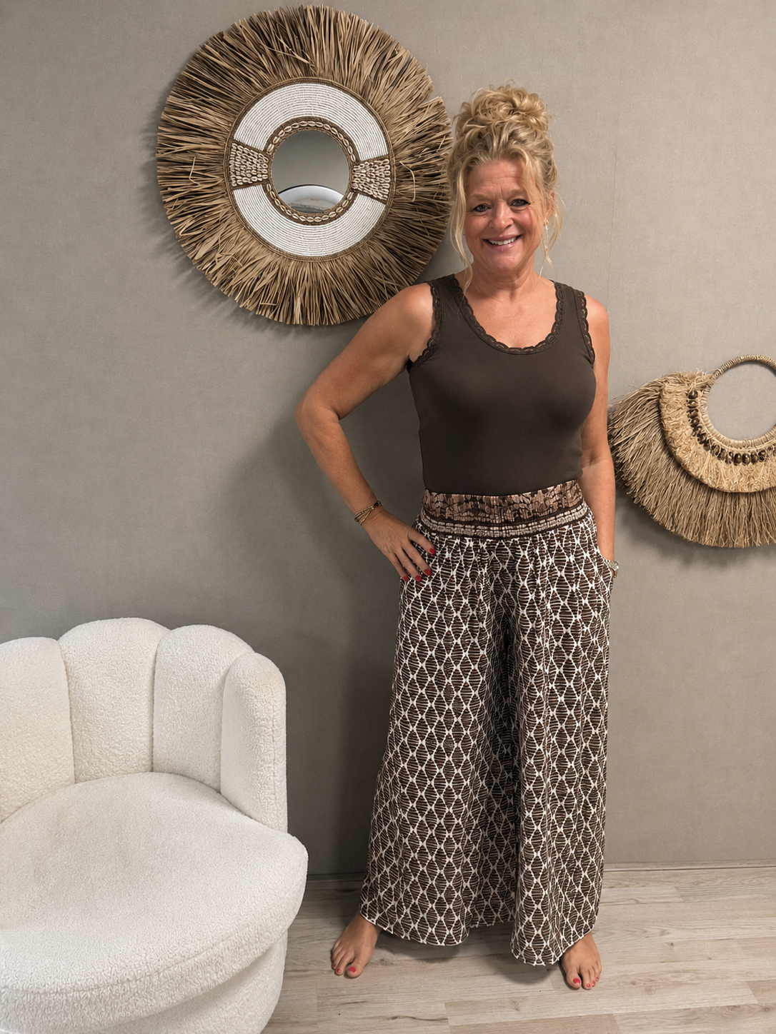 Boho Chic Palazzo Broek – Bruin/Wit