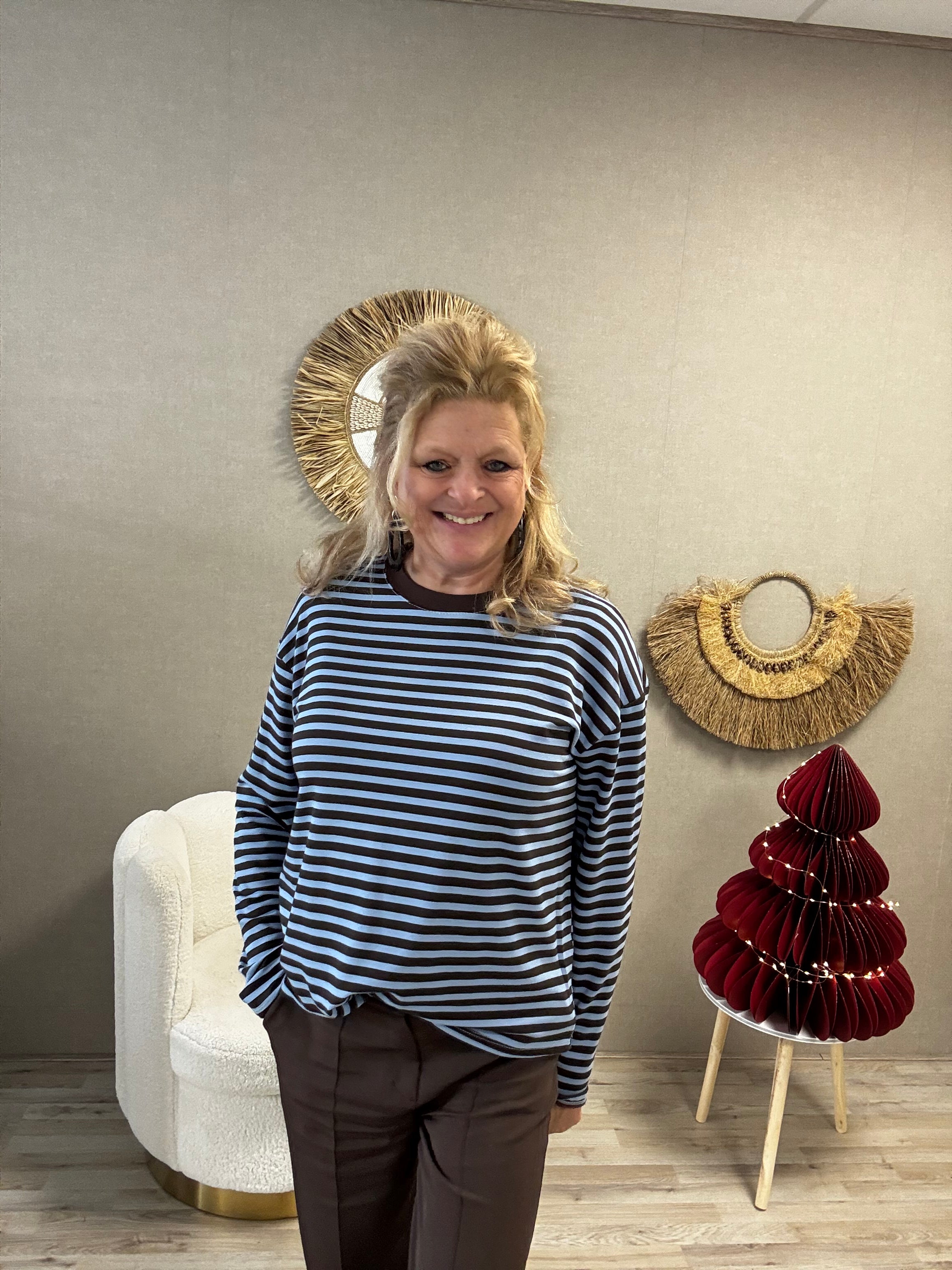 Gemma Ricceri Shirt Blauw met Bruine streep