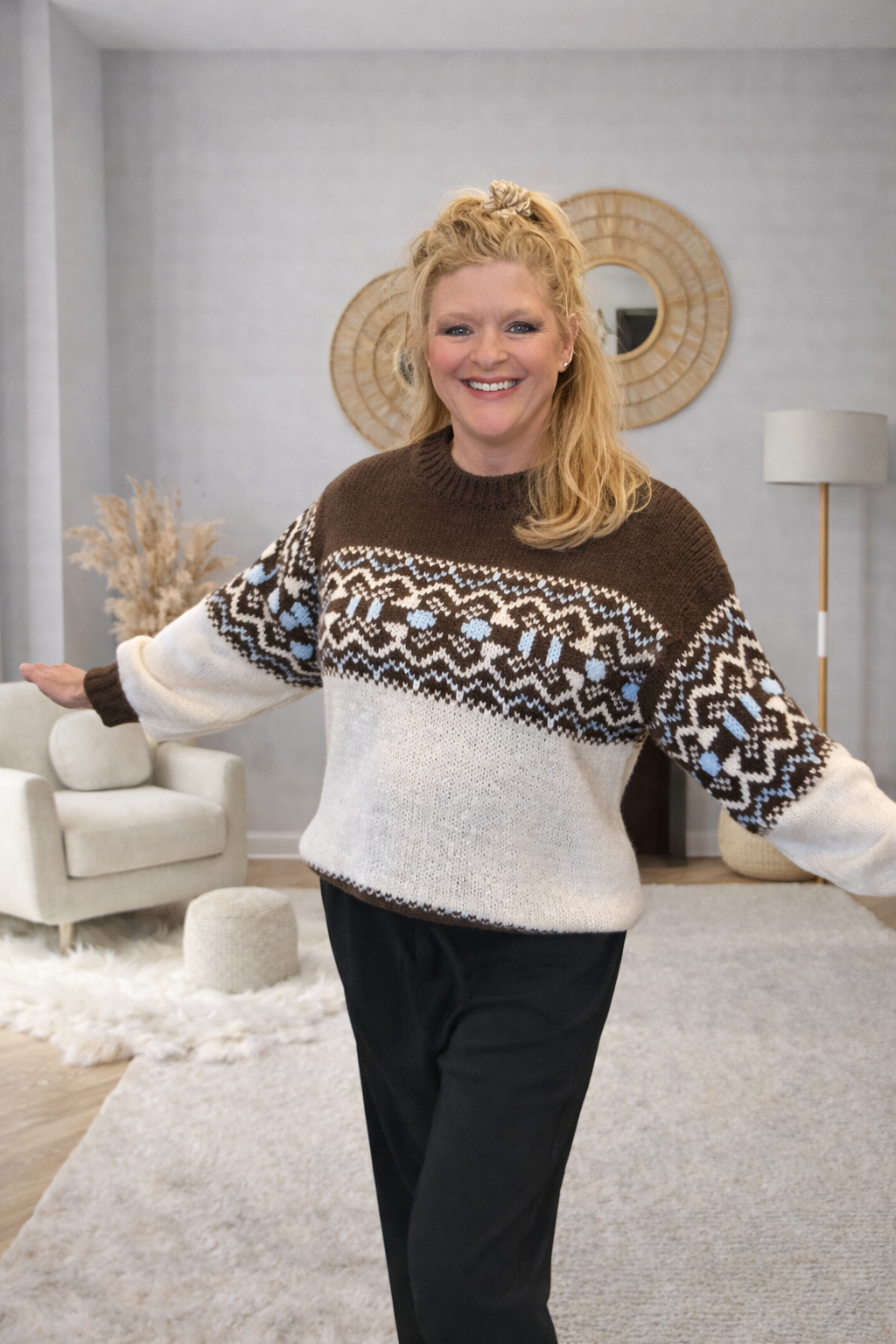 Gebreide trui jacquard print bruin blauw