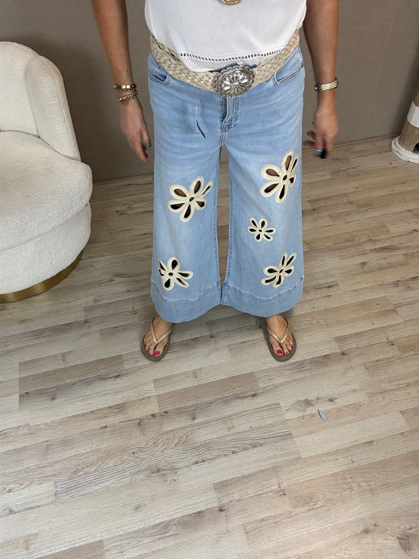 S.Woman Wide Leg 7/8 Jeans met open Bloemen - Nancfashion