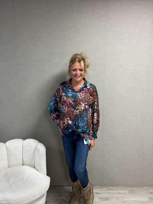 Print Blouse met Lurex Draadje Blauw