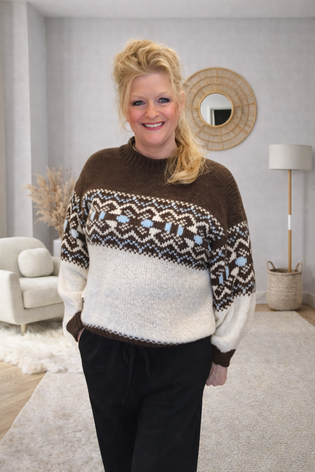 Gebreide trui jacquard print bruin blauw