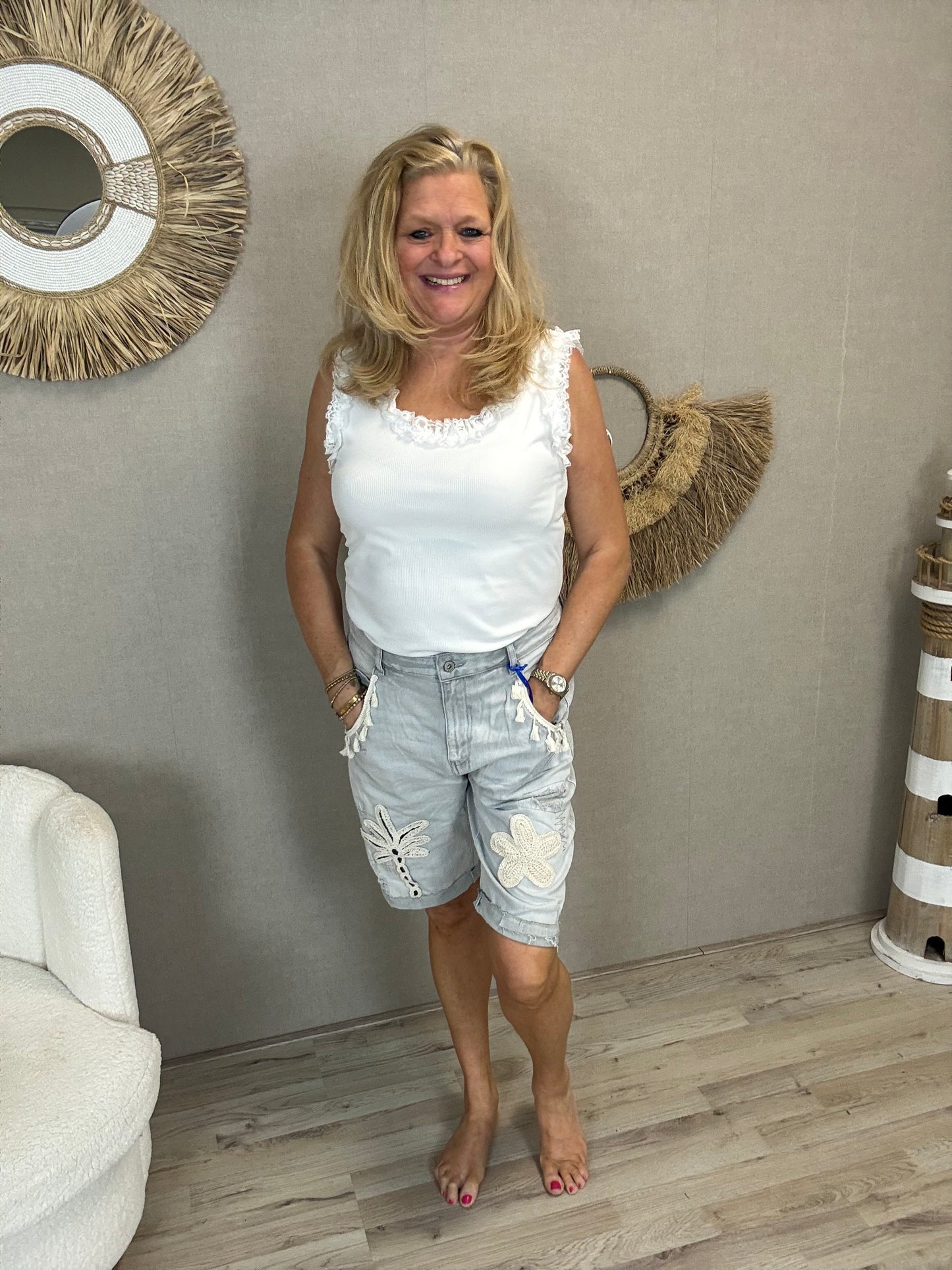 S.Woman Jeans Short Palm Flower Grijs - Nancfashion