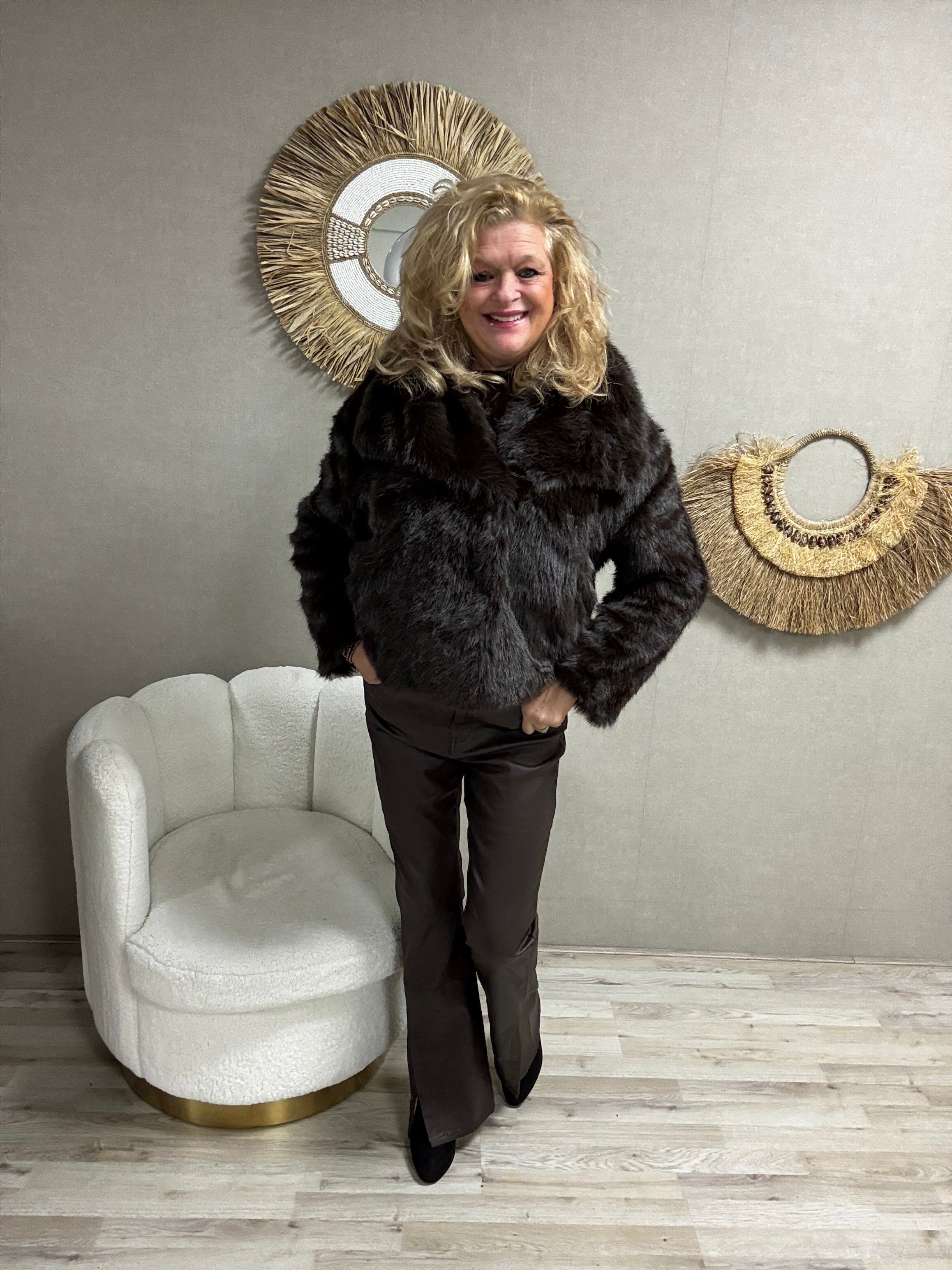 Kort fake fur jasje Donkerbruin