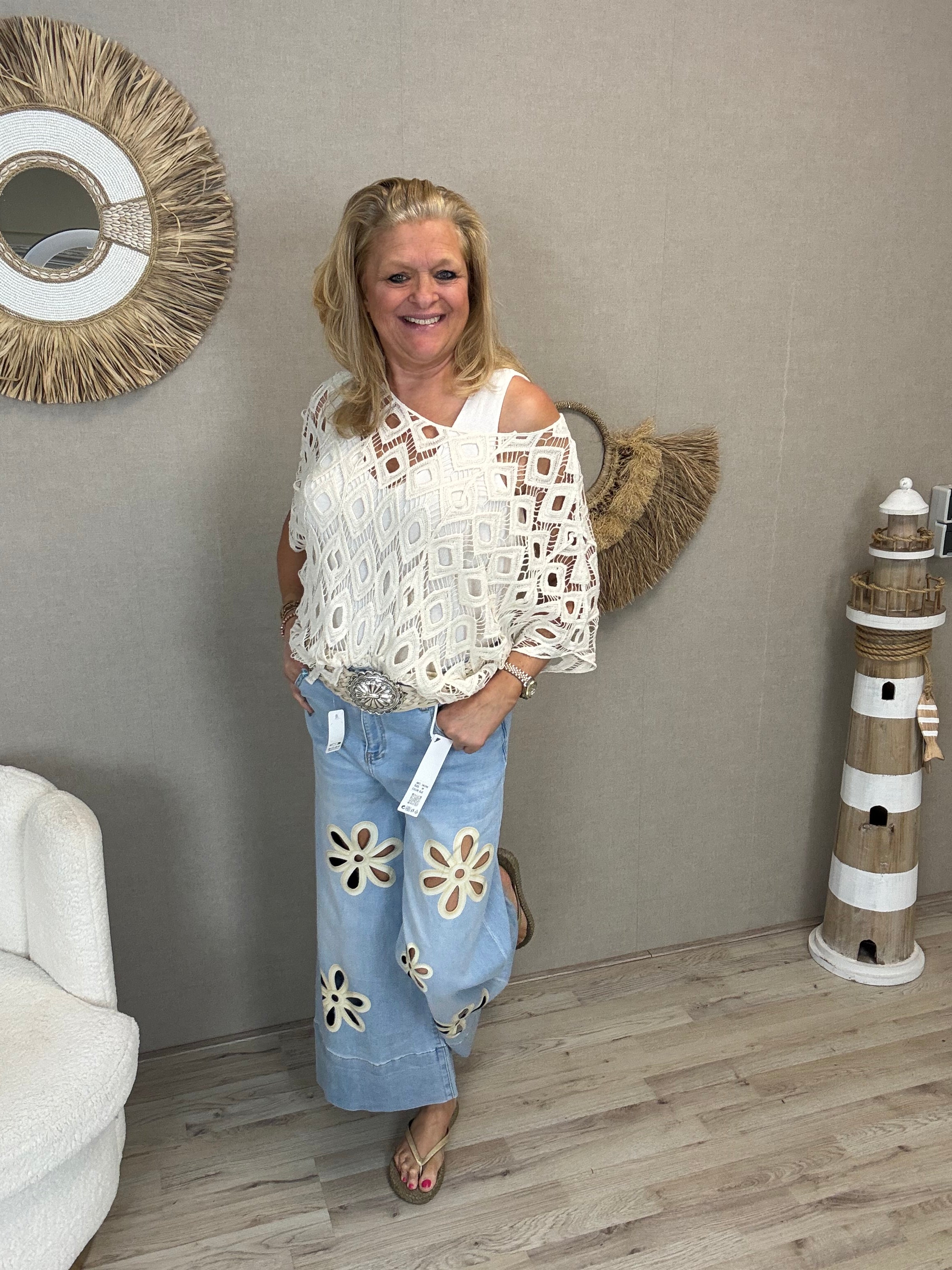 S.Woman Wide Leg 7/8 Jeans met open Bloemen - Nancfashion