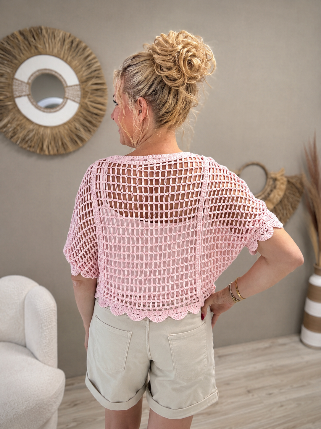 Gehaakte Top met Bloemdetail Roze