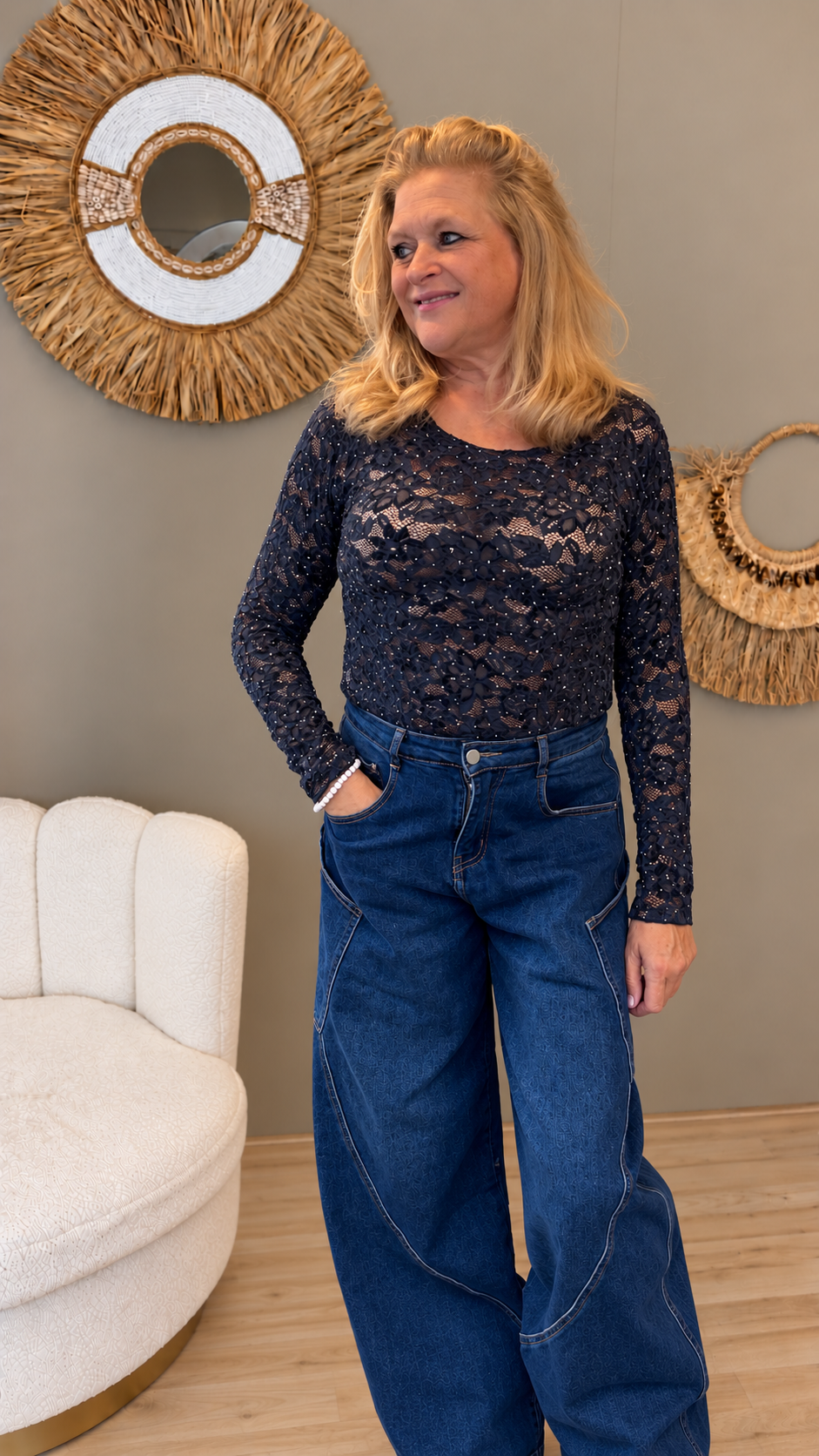 Kanten Top Lacey met Strass Donkerblauw