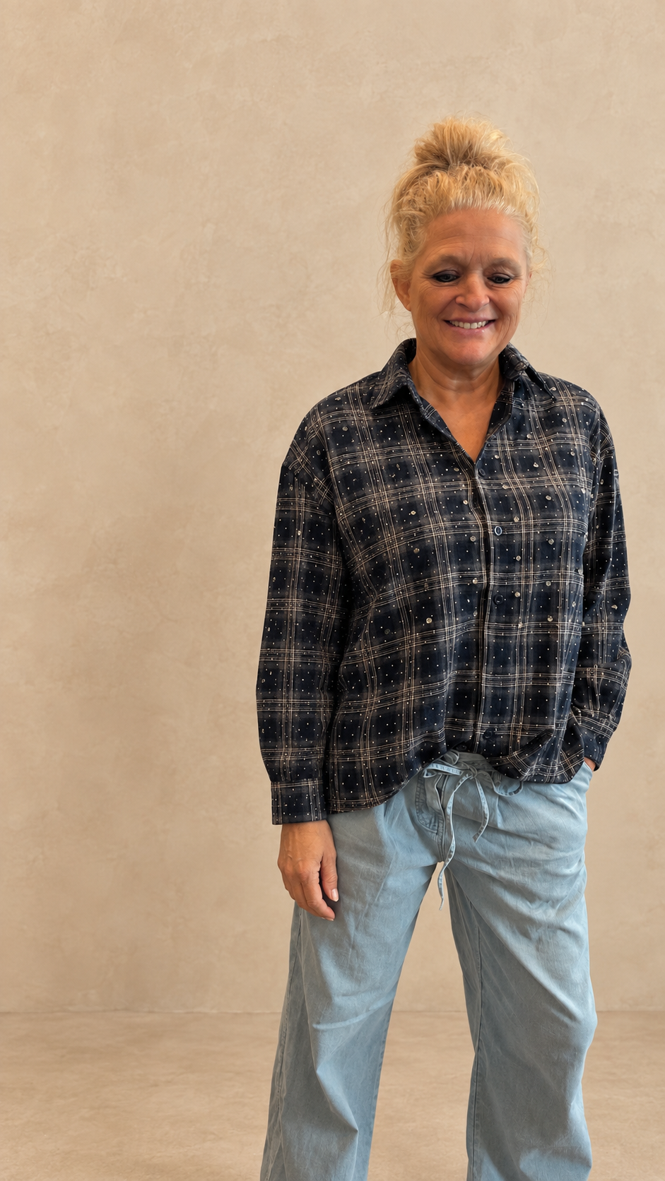 Ruitblouse met Strass- Djolien Blauw