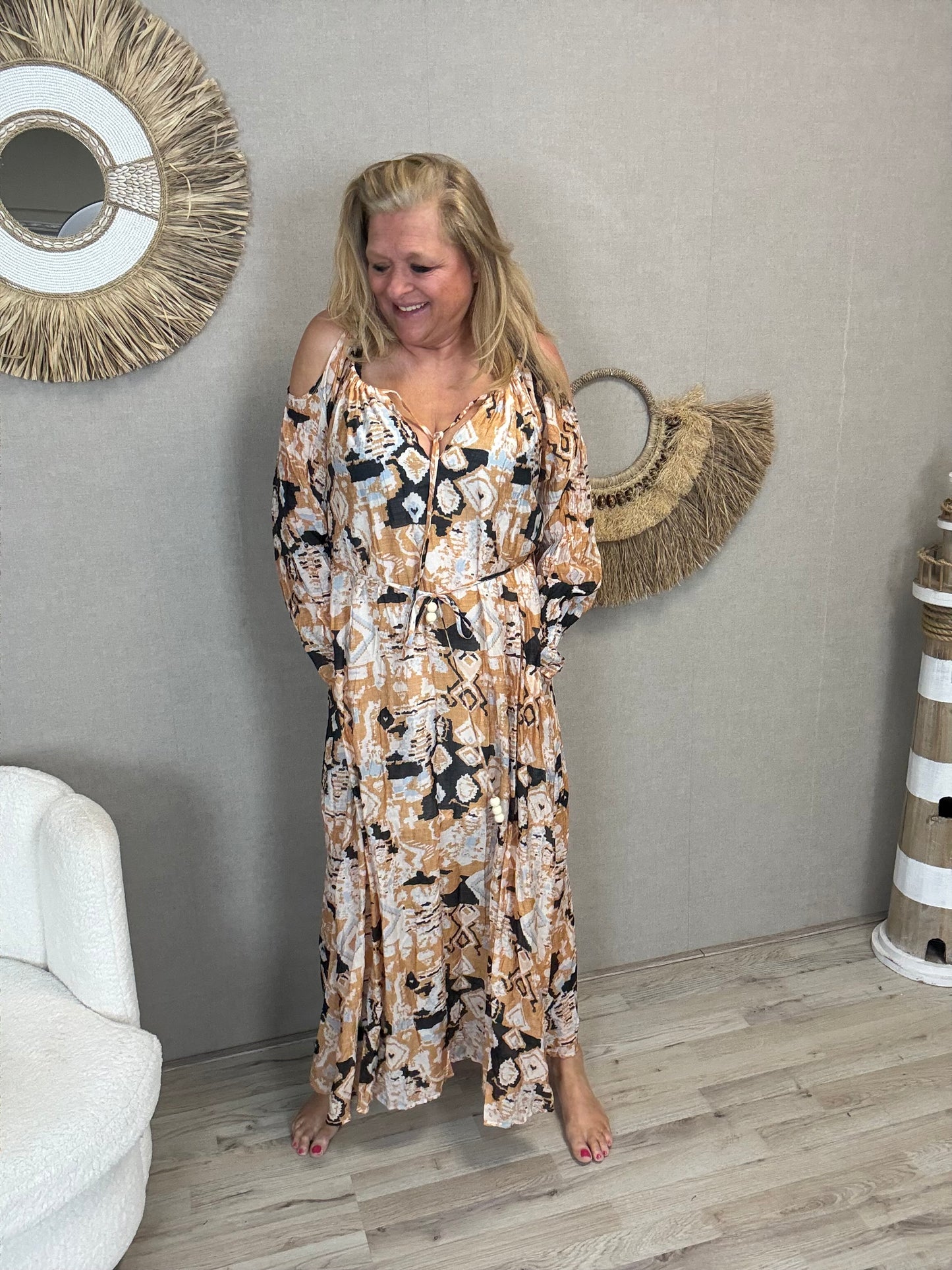 Maxi Jurk Boho Chic Camel Print - Nancfashion