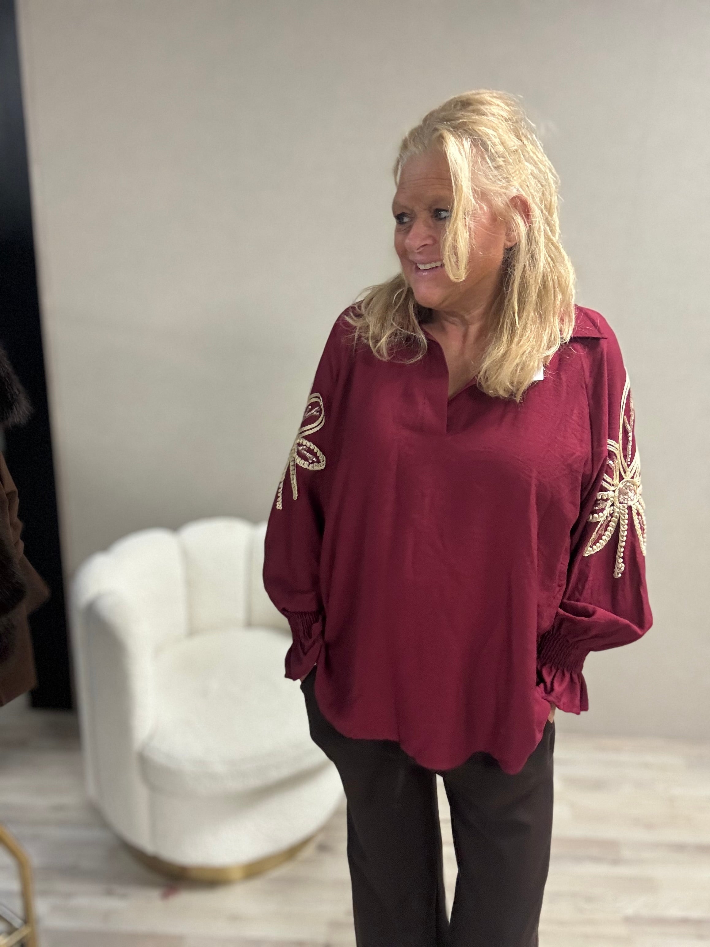 Top met mouwborduursel G. Ricceri Bordeaux