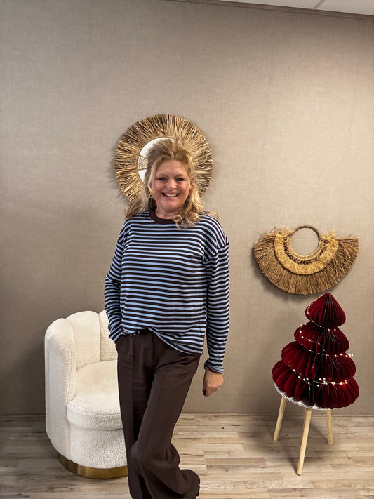 Gemma Ricceri Shirt Blauw met Bruine streep