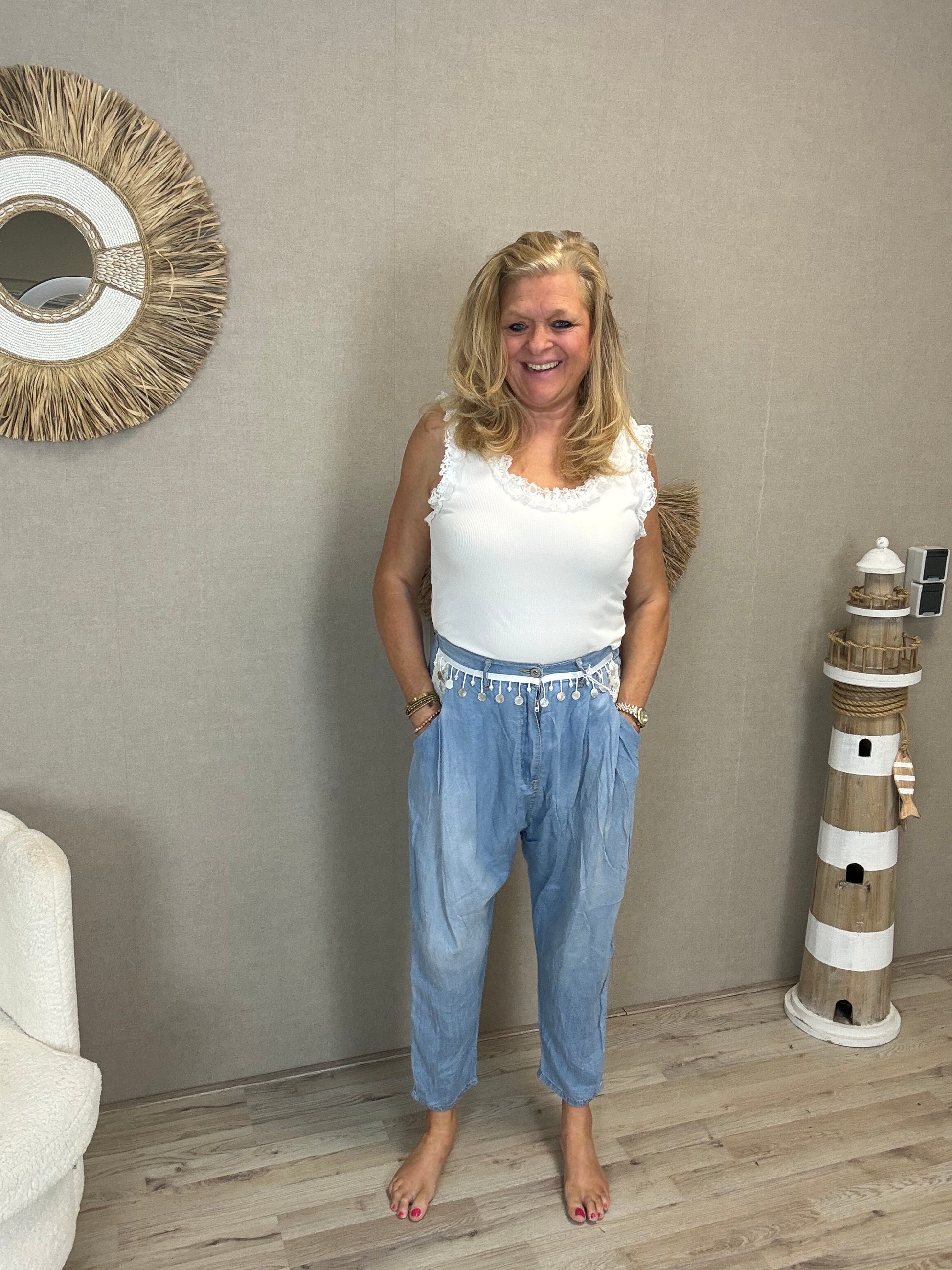 S.Woman Tencel Broek Lichtblauw Muntjes/shelpjes - Nancfashion