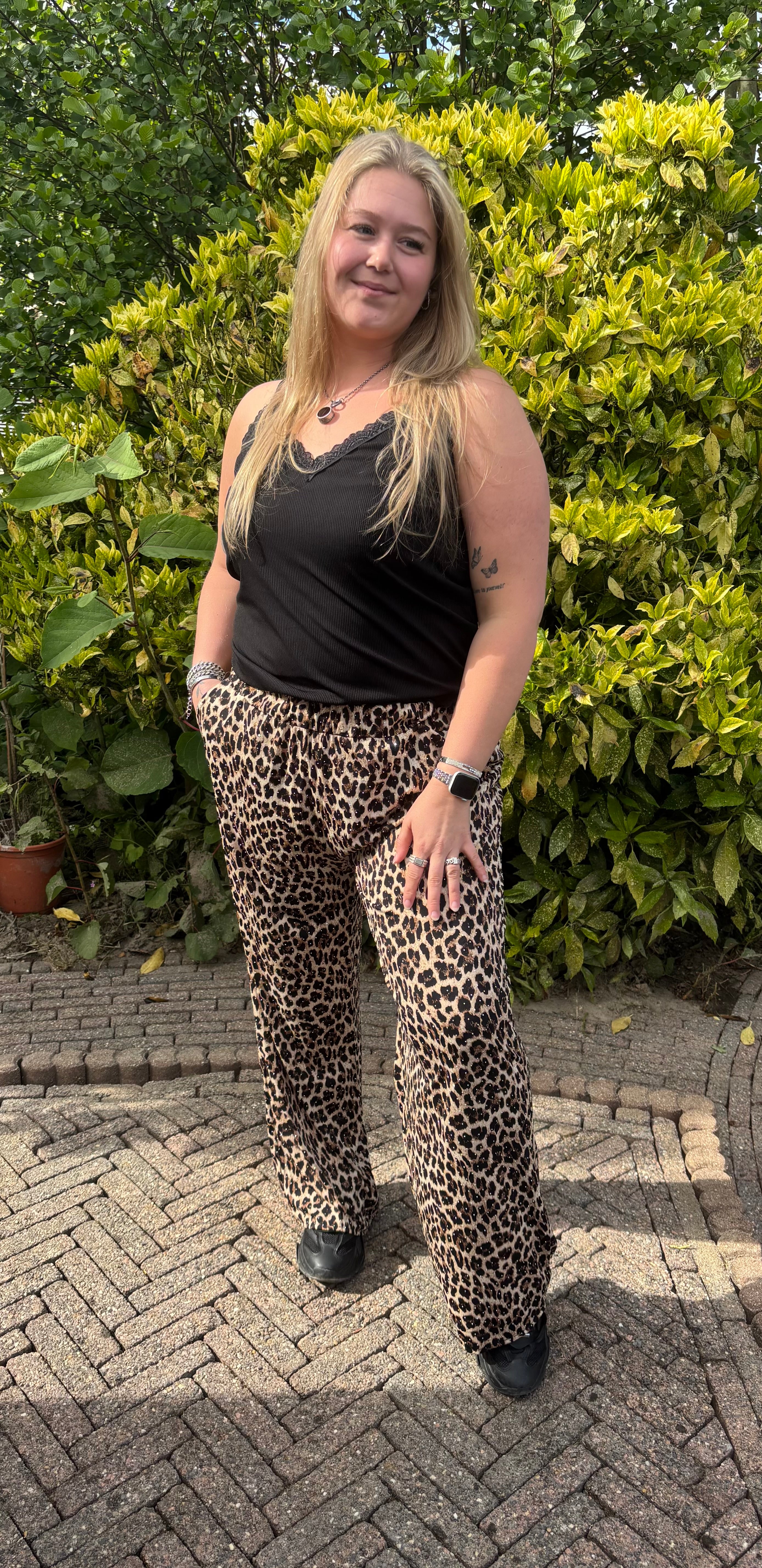 Wide Leg Leopard Broek met strass
