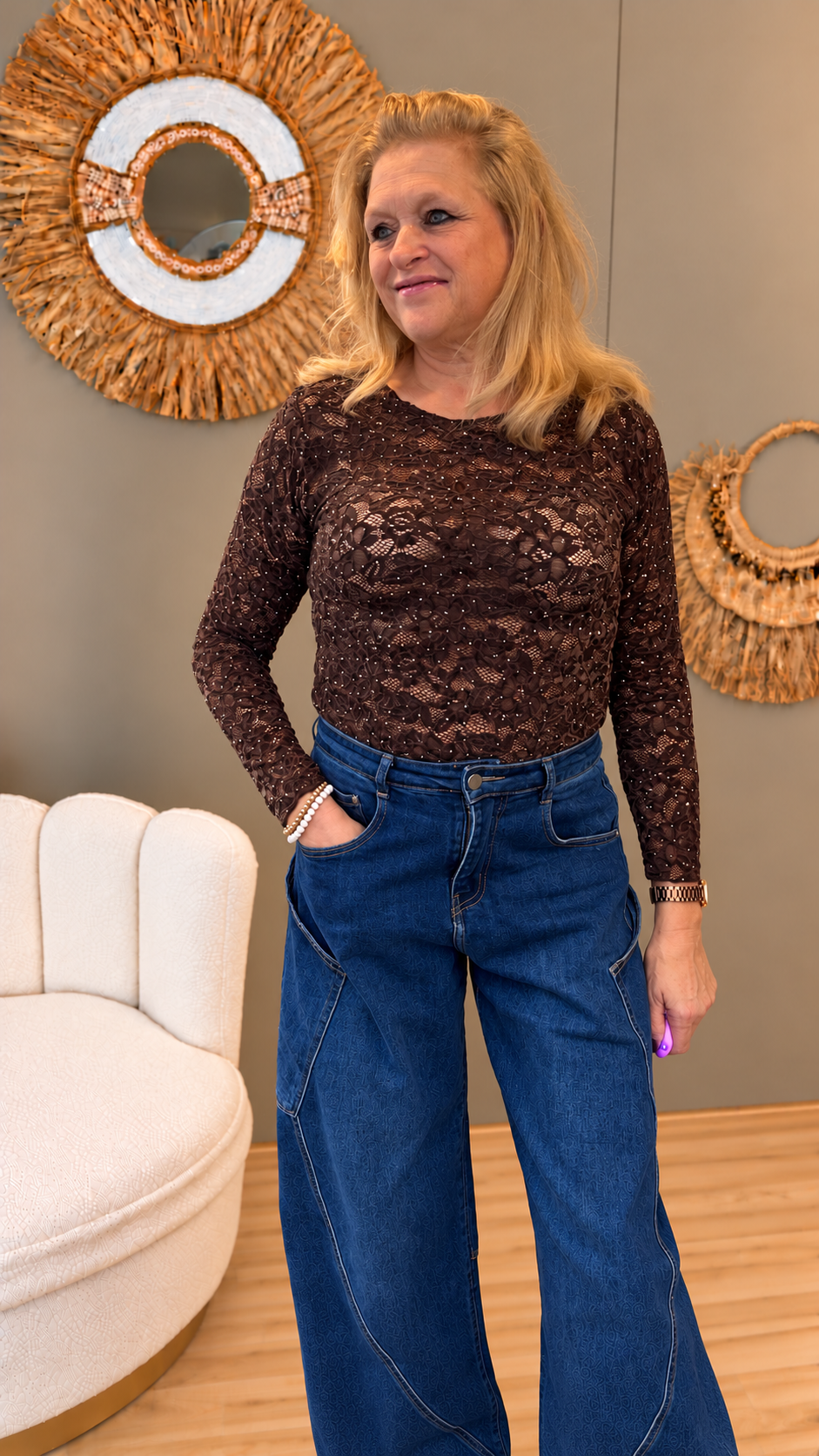 Kanten top Lacey met strass Bruin