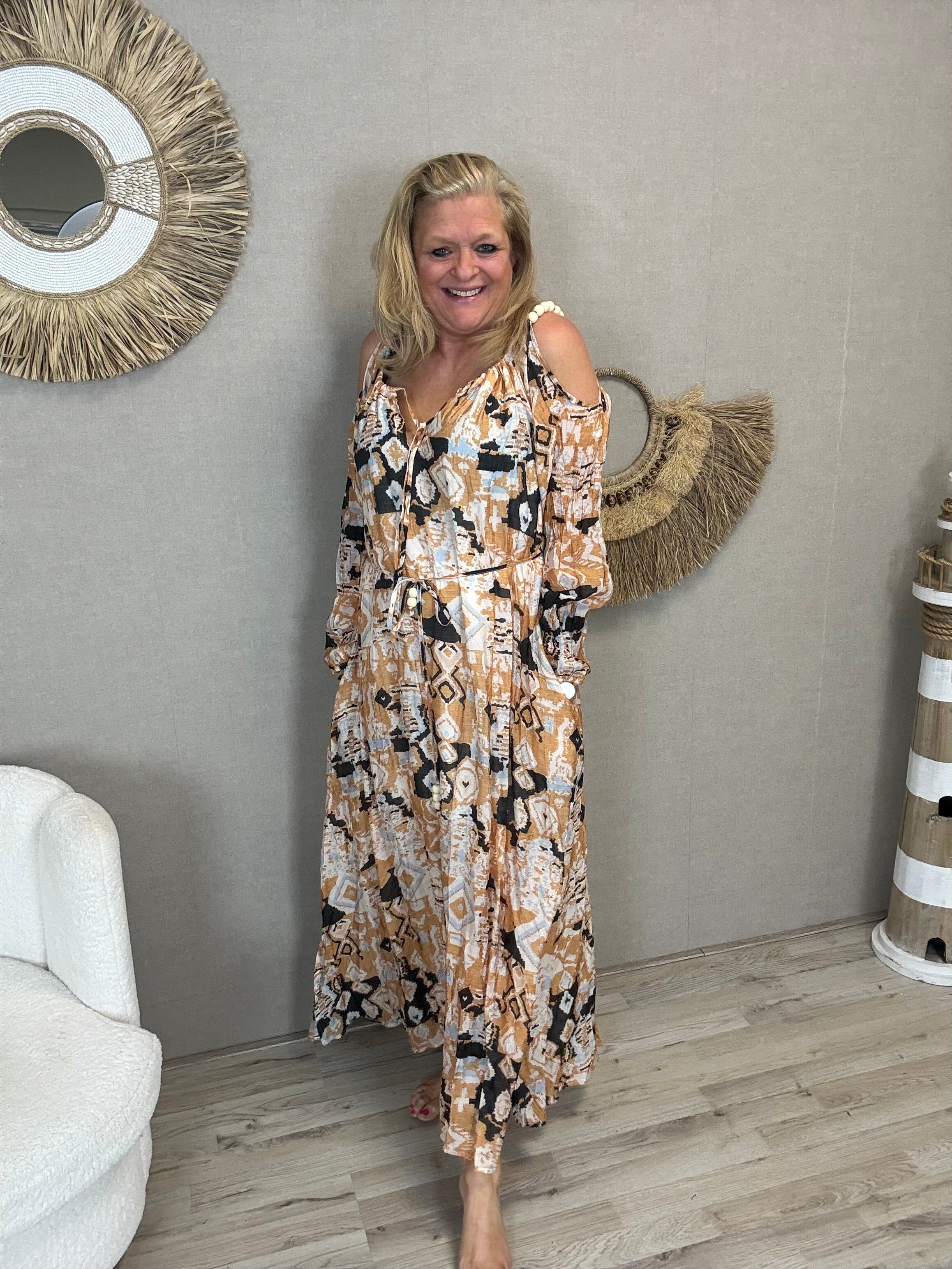 Maxi Jurk Boho Chic Camel Print - Nancfashion