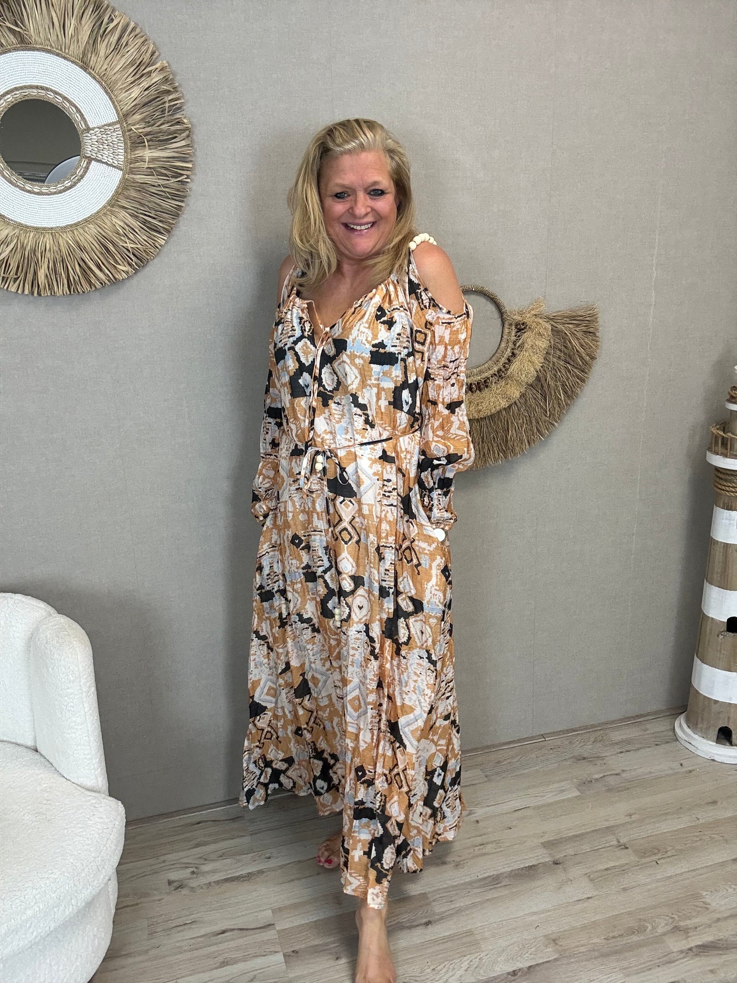 Maxi Jurk Boho Chic Camel Print - Nancfashion