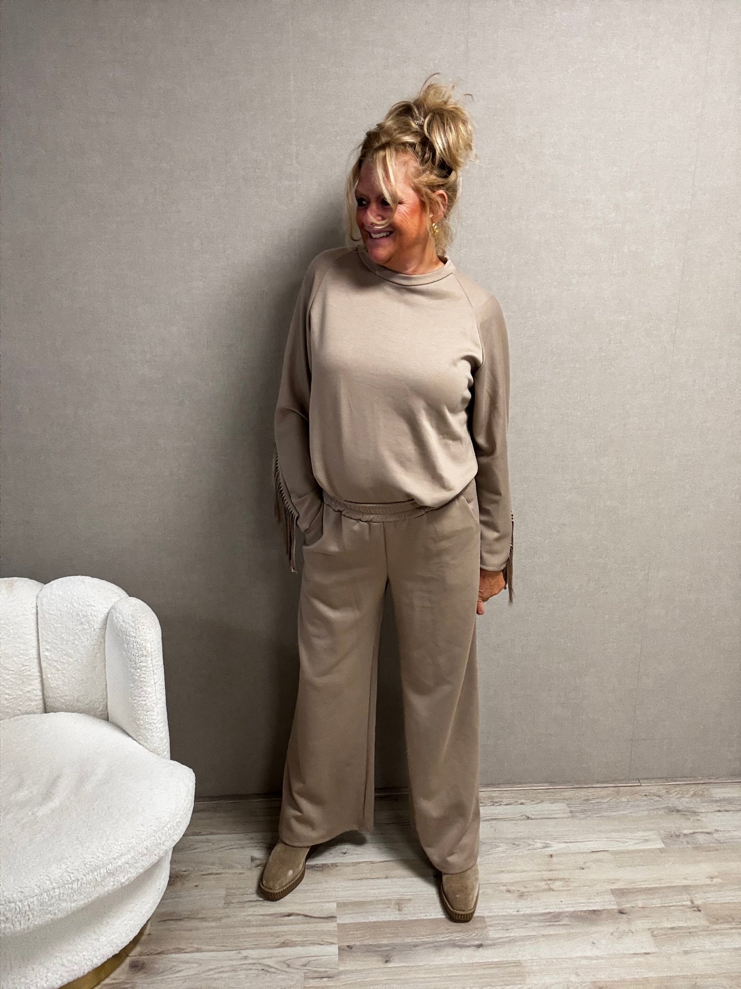 Tweedelig Comfy Pak met Franjes Beige/Taupe