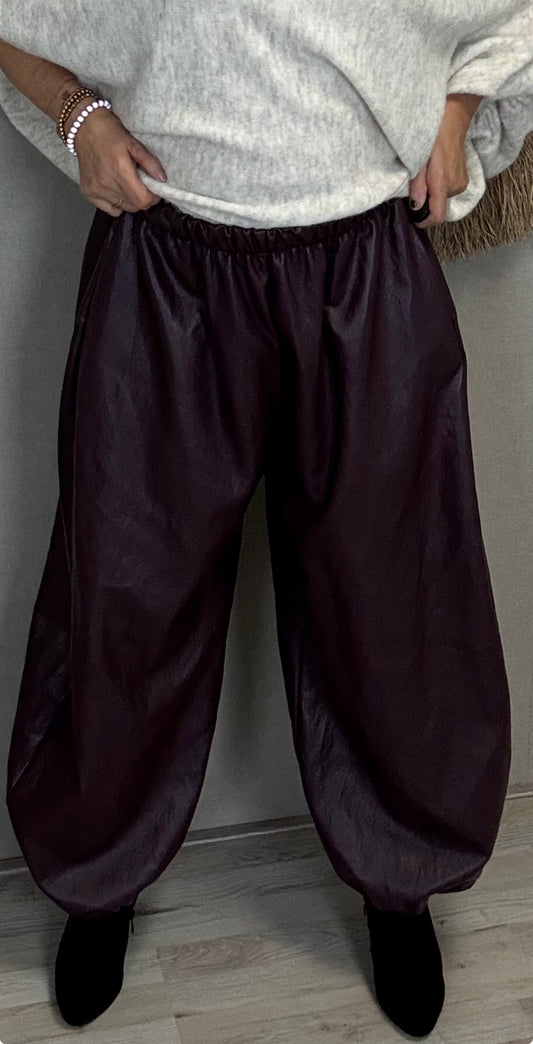 Leatherlook ballonbroek Malia Aubergine - Nancfashion