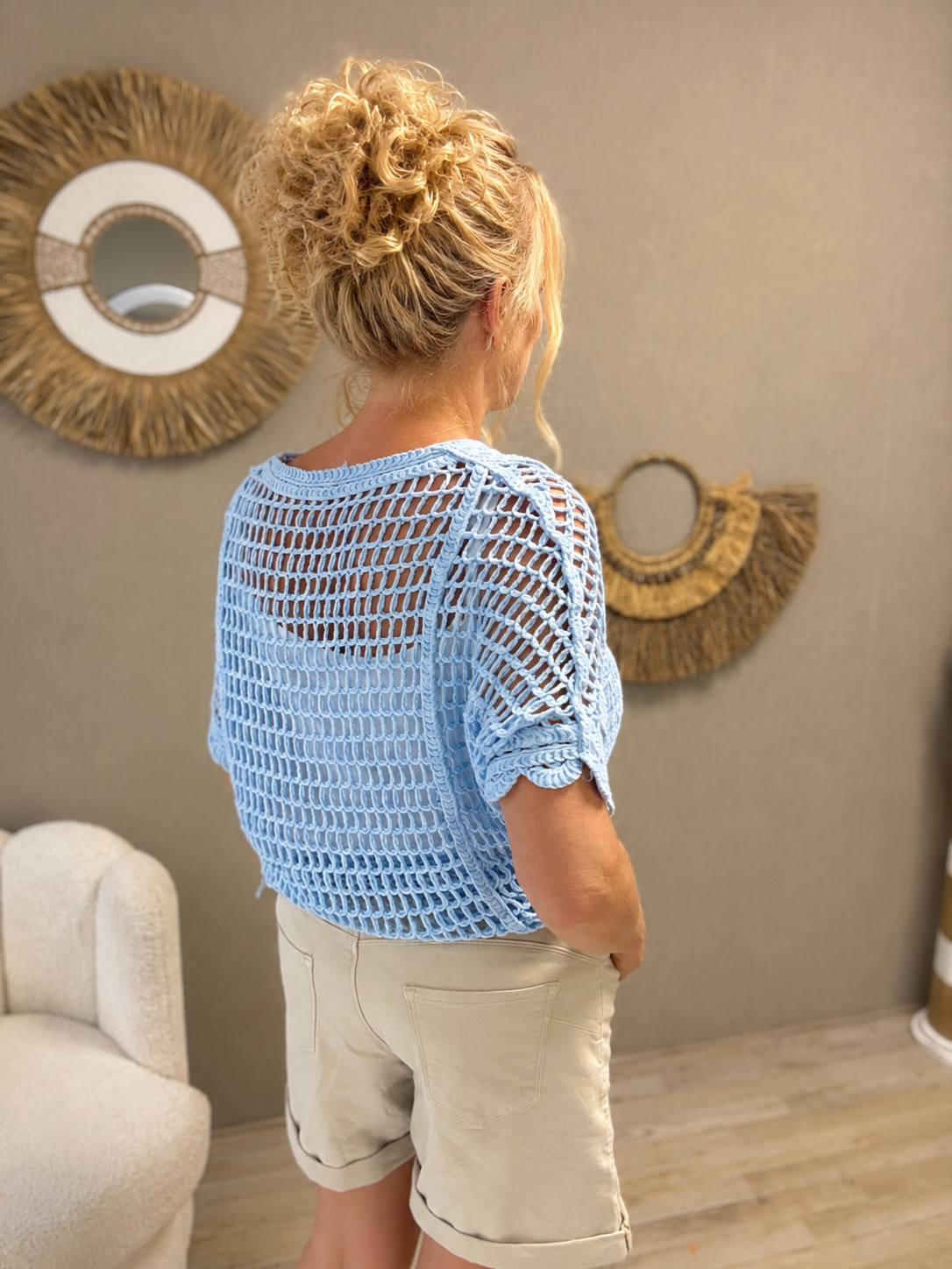 Gehaakte Top met Bloemdetail Blauw