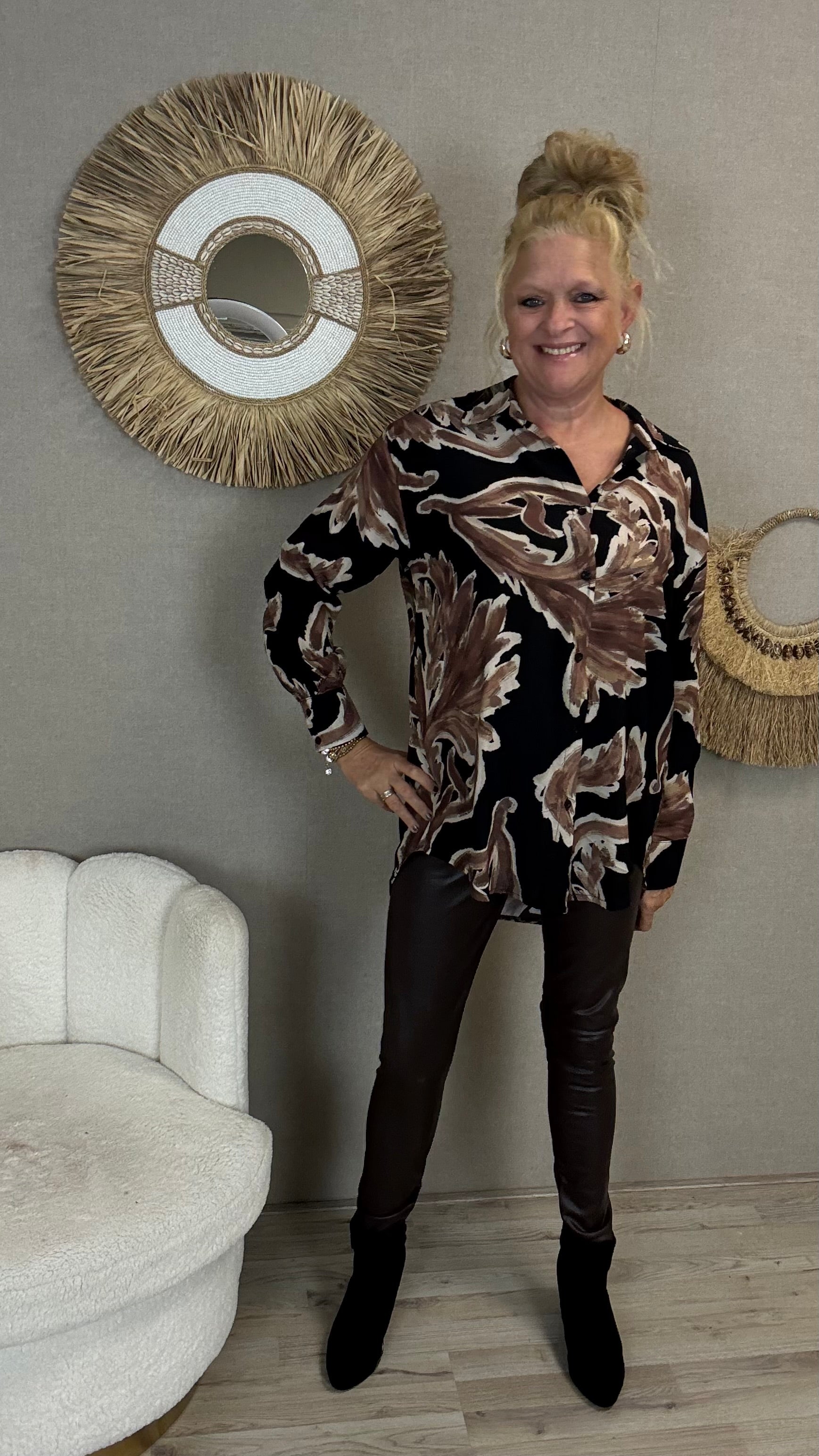Blouse Nance – Abstracte Print Zwart/Bruin