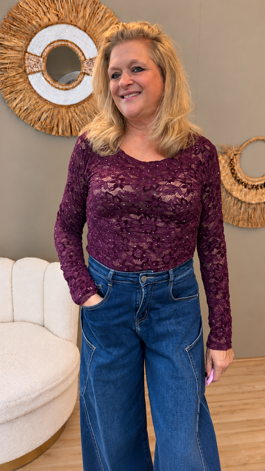 Kanten Top Lacey met Strass Aubergine/Bordeaux