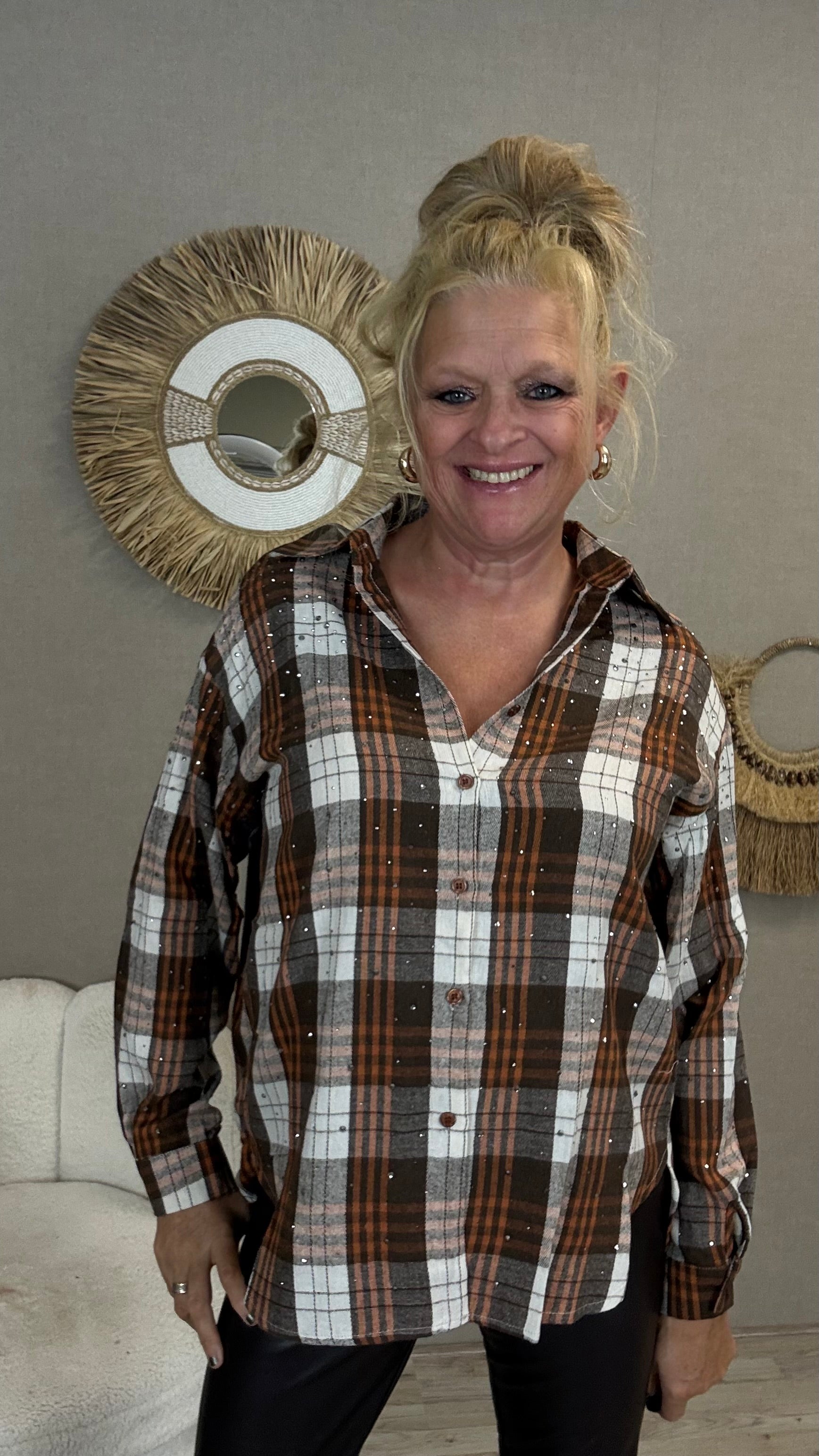 Ruitblouse met Strass Bruin/Oranje