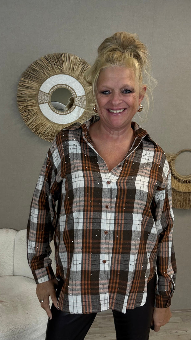 Ruitblouse met Strass Bruin/Oranje