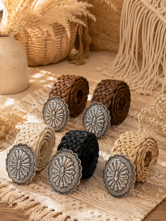 Boho gevlochten riem met zilverkleurige concho gesp - Nancfashion