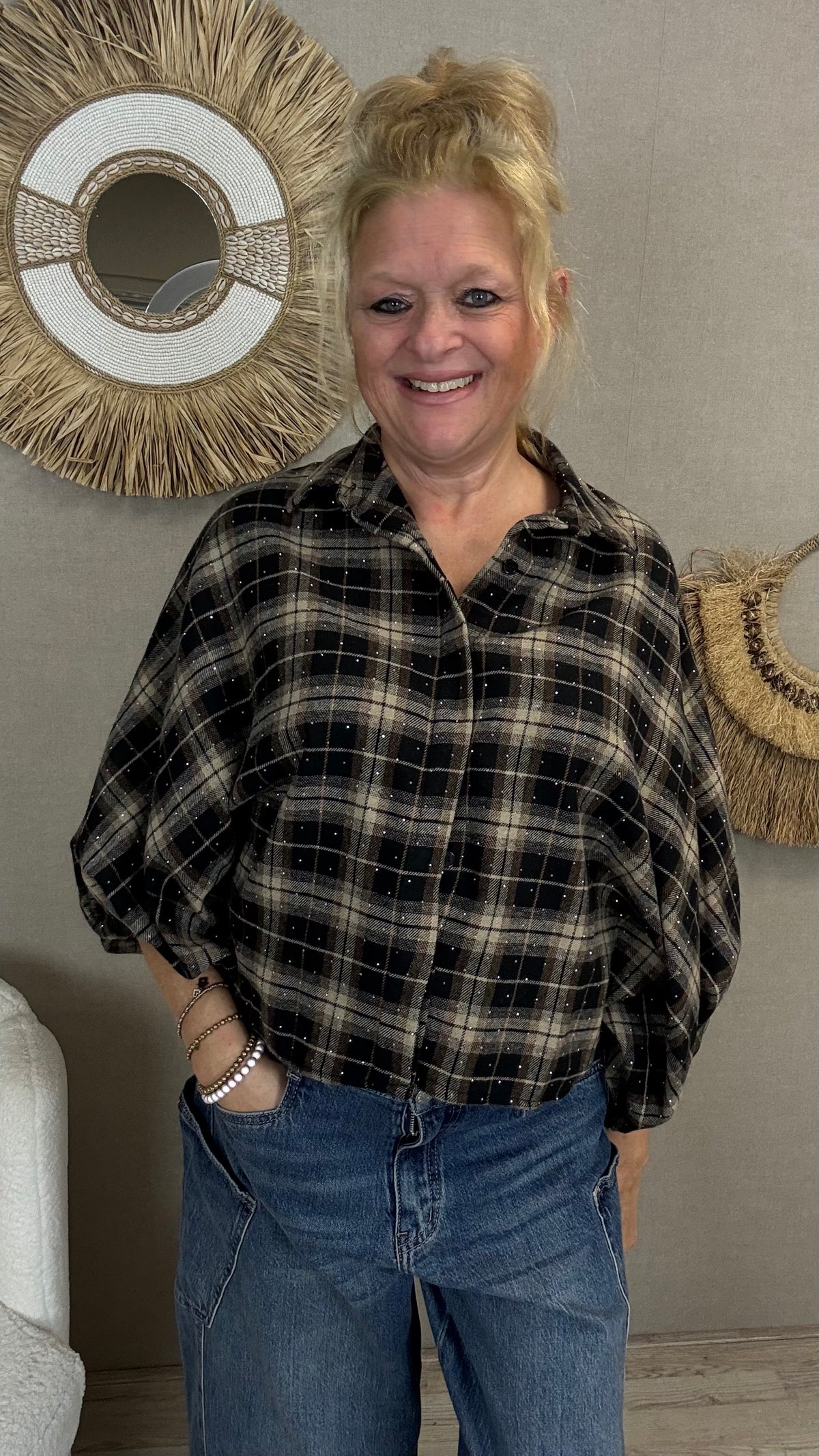 ZWARTE GERUITE FLANELLEN OVERSIZED BLOUSE STRASS VAN GEMMA R
