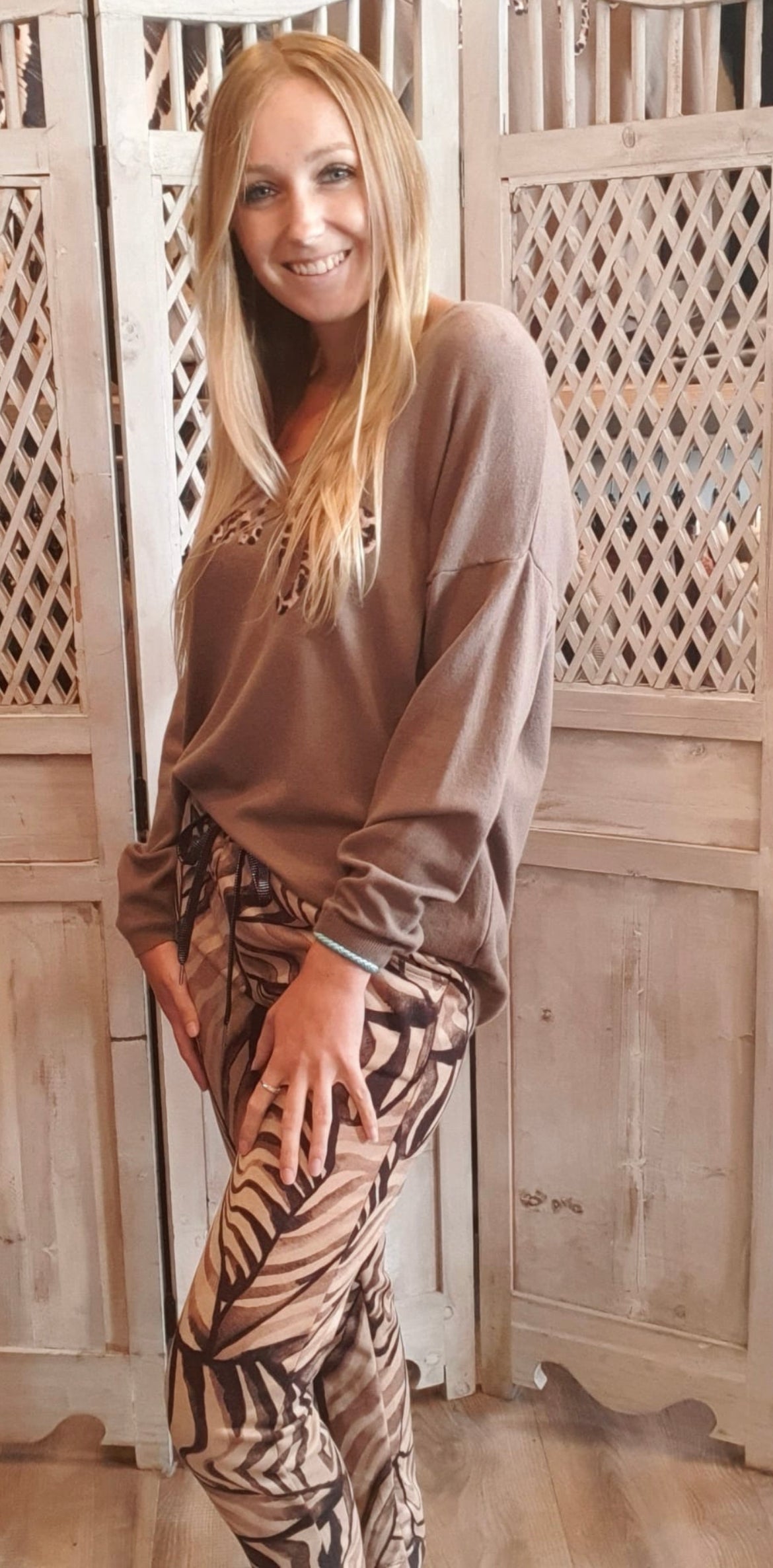Stretch broek print beige zwart - Nancfashion