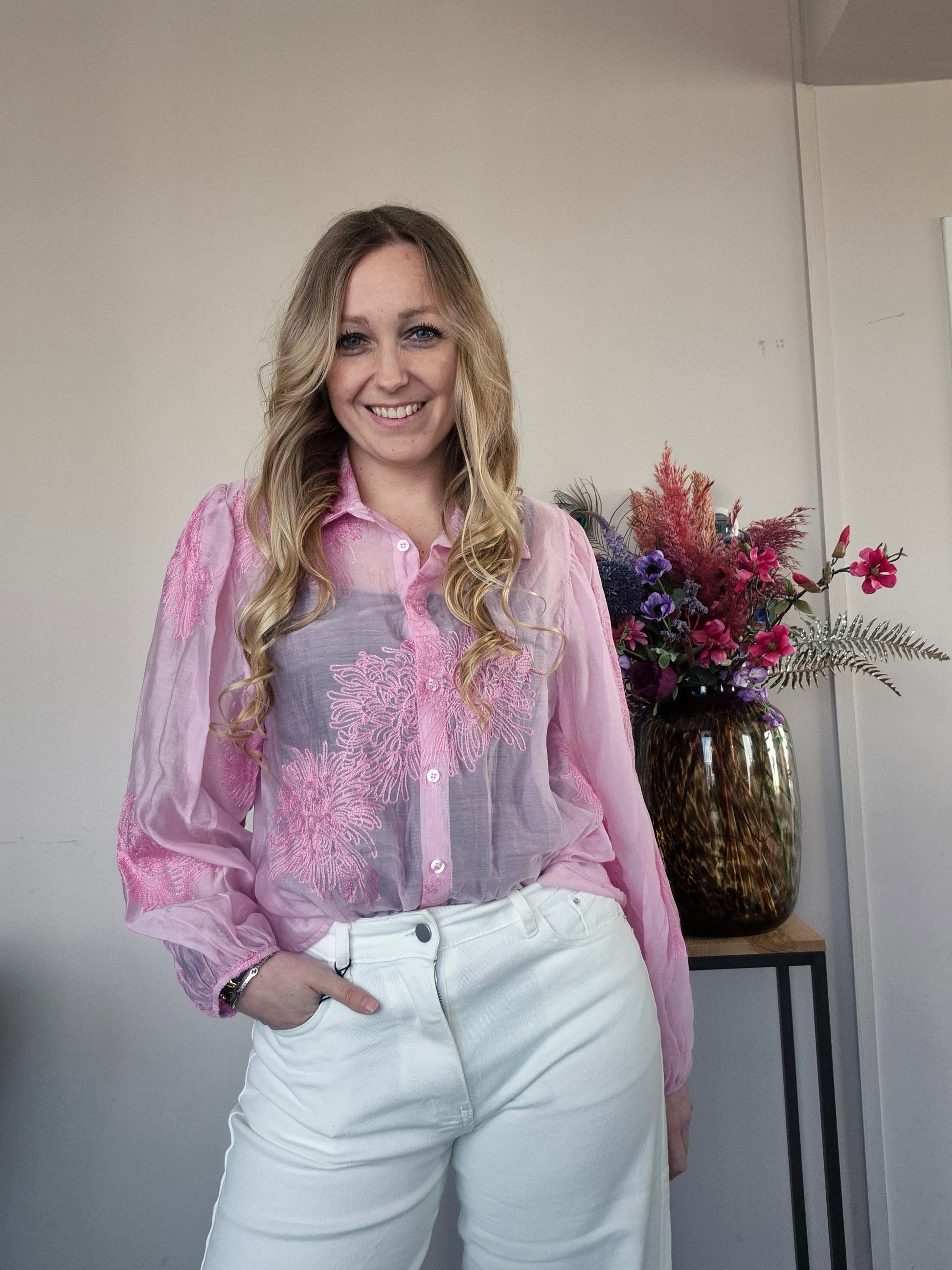 Blouse Bloem Roze - Nancfashion