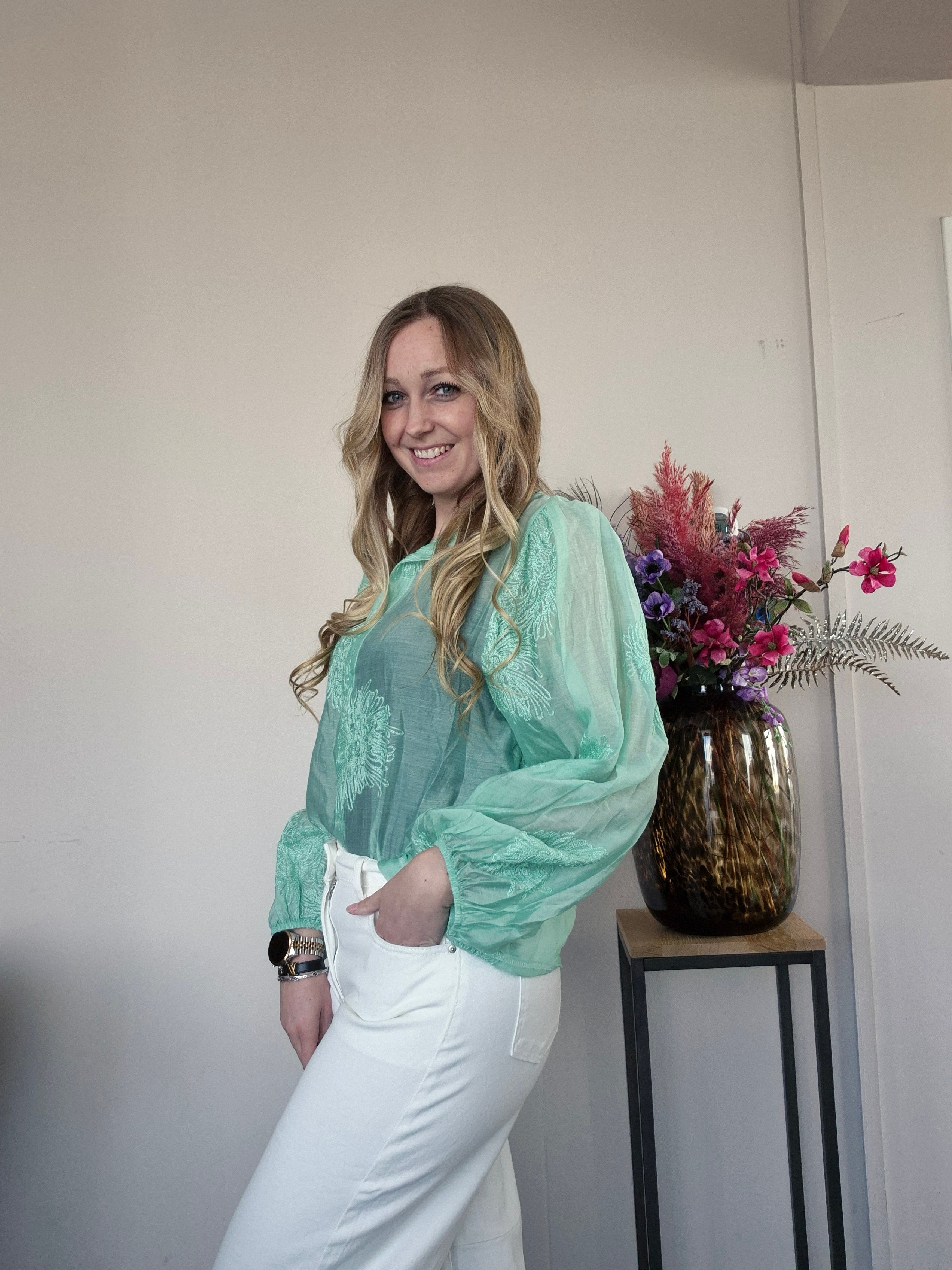Blouse Bloem Groen - Nancfashion
