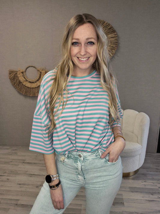 Mooij shirt streep roze turquoise - Nancfashion