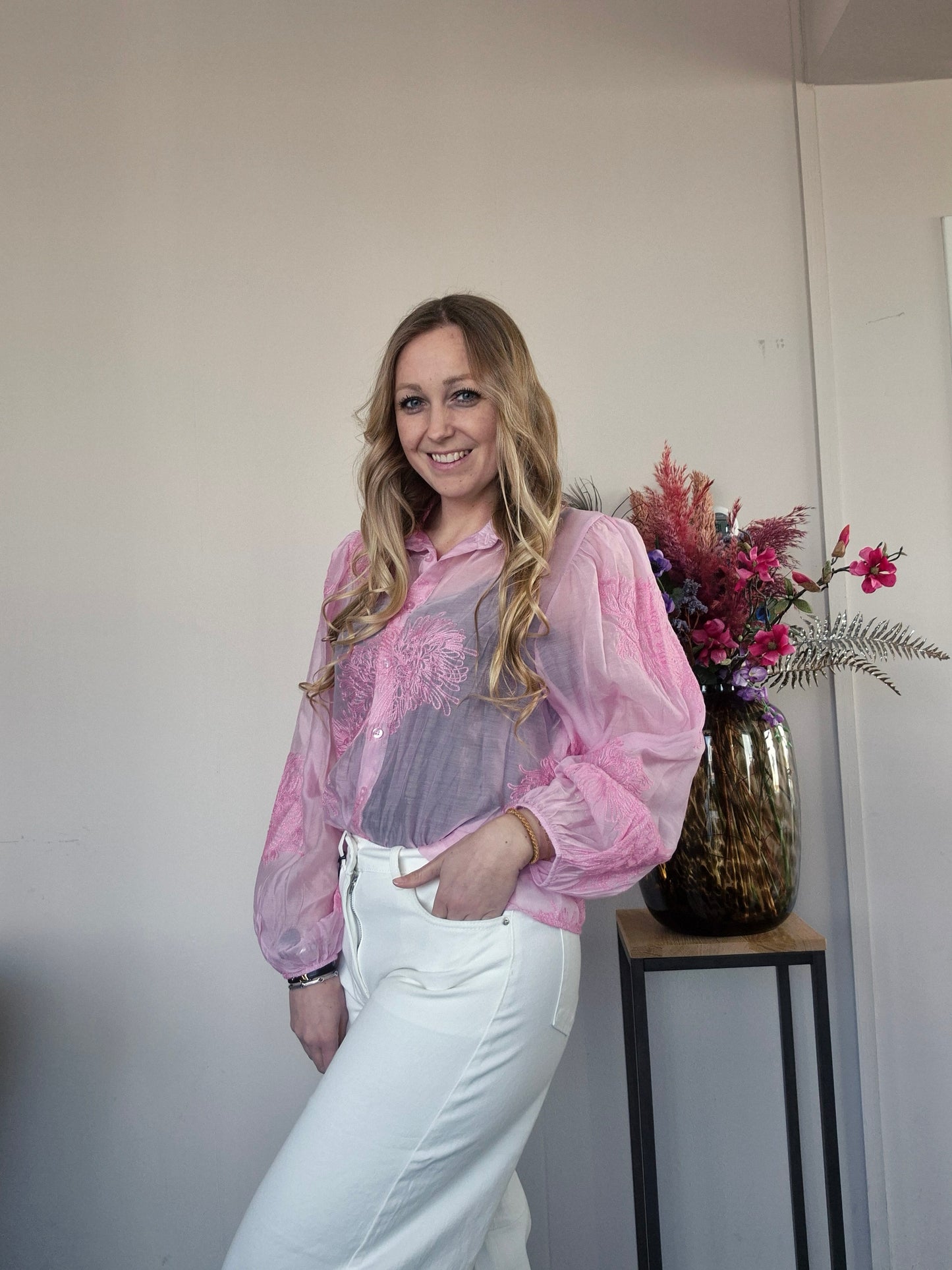 Blouse Bloem Roze - Nancfashion
