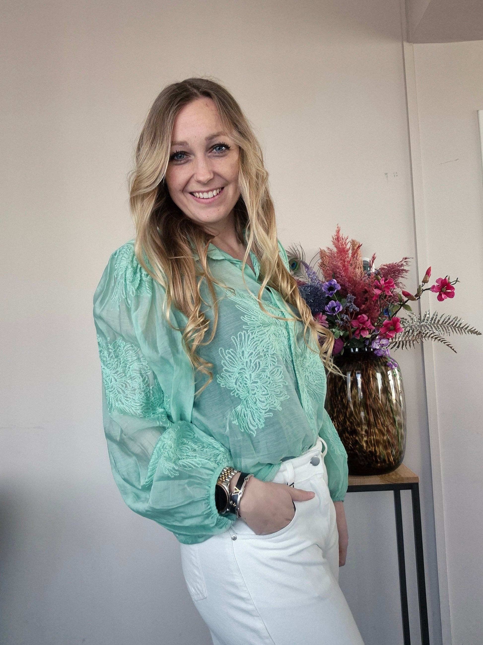 Blouse Bloem Groen - Nancfashion