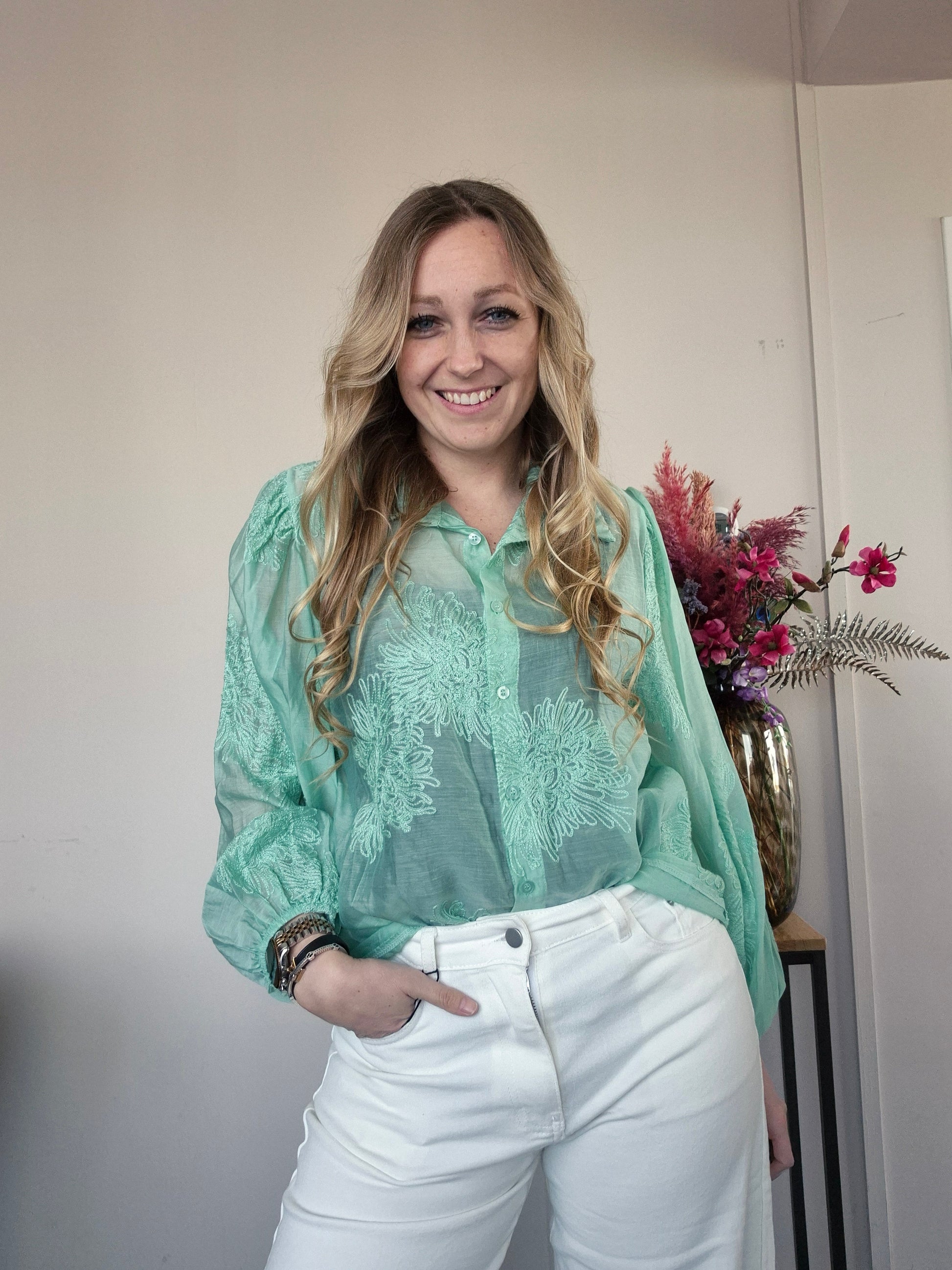 Blouse Bloem Groen - Nancfashion