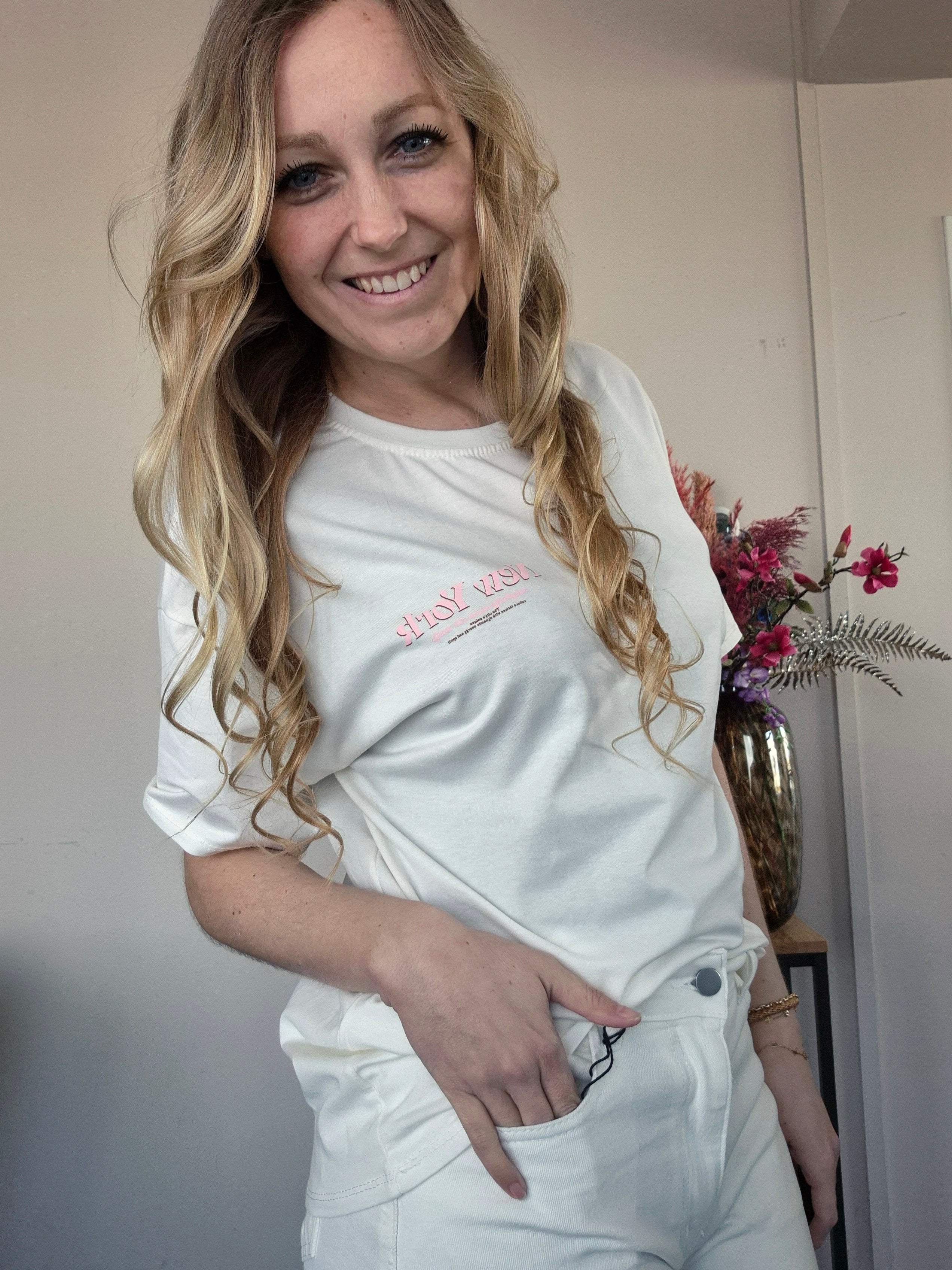 T-shirt New York Wit Roze - Nancfashion