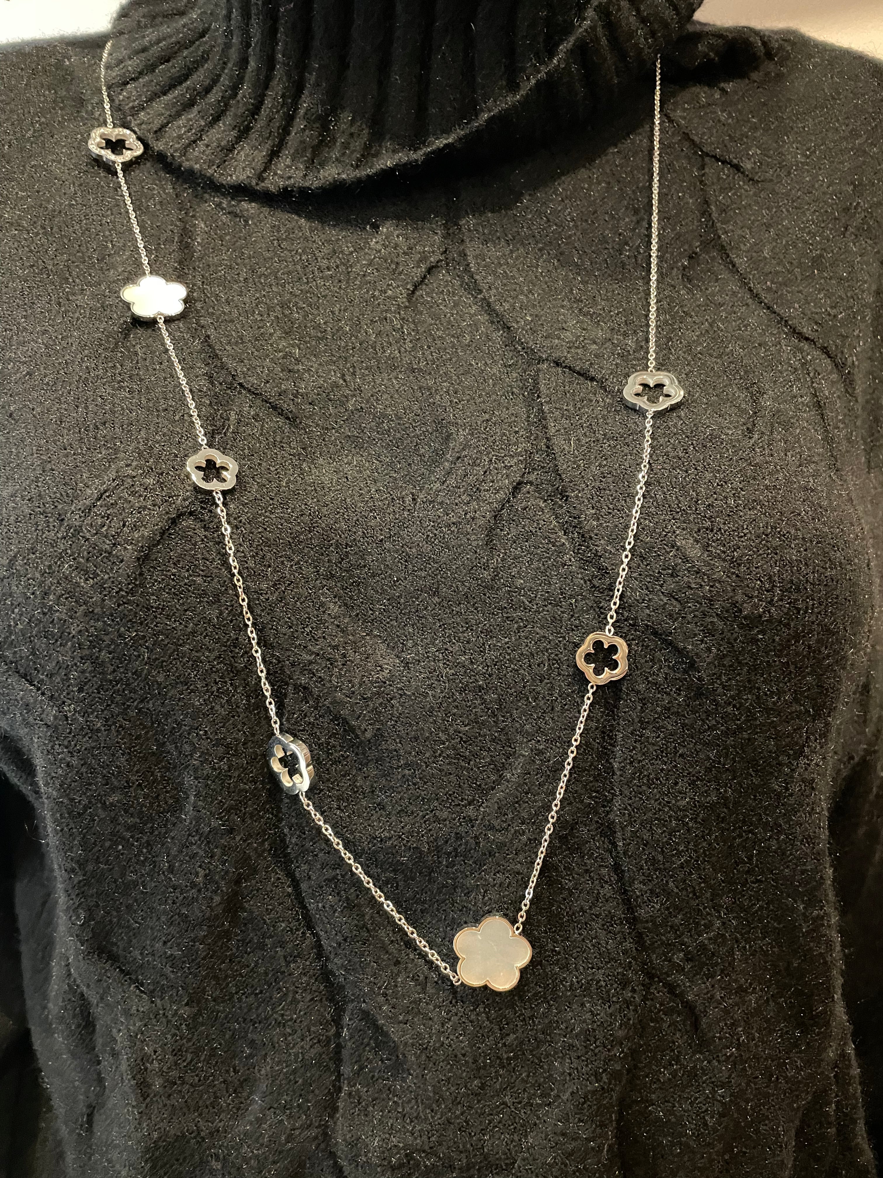 Ketting open klavertje net steentjes zilver - Nancfashion